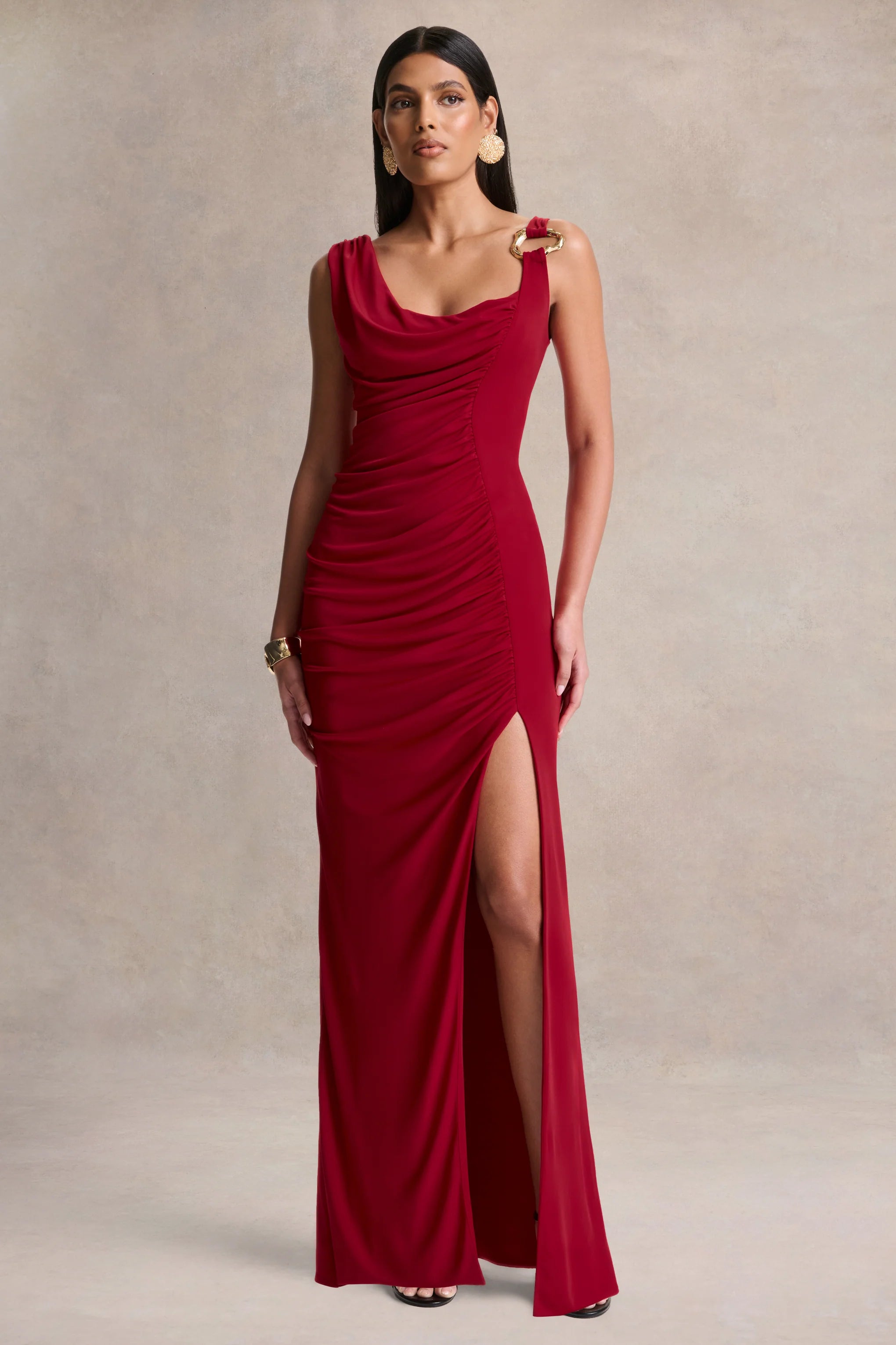 Vesperelle Red Scoop Neck Maxi Dress With Gathered Detailing