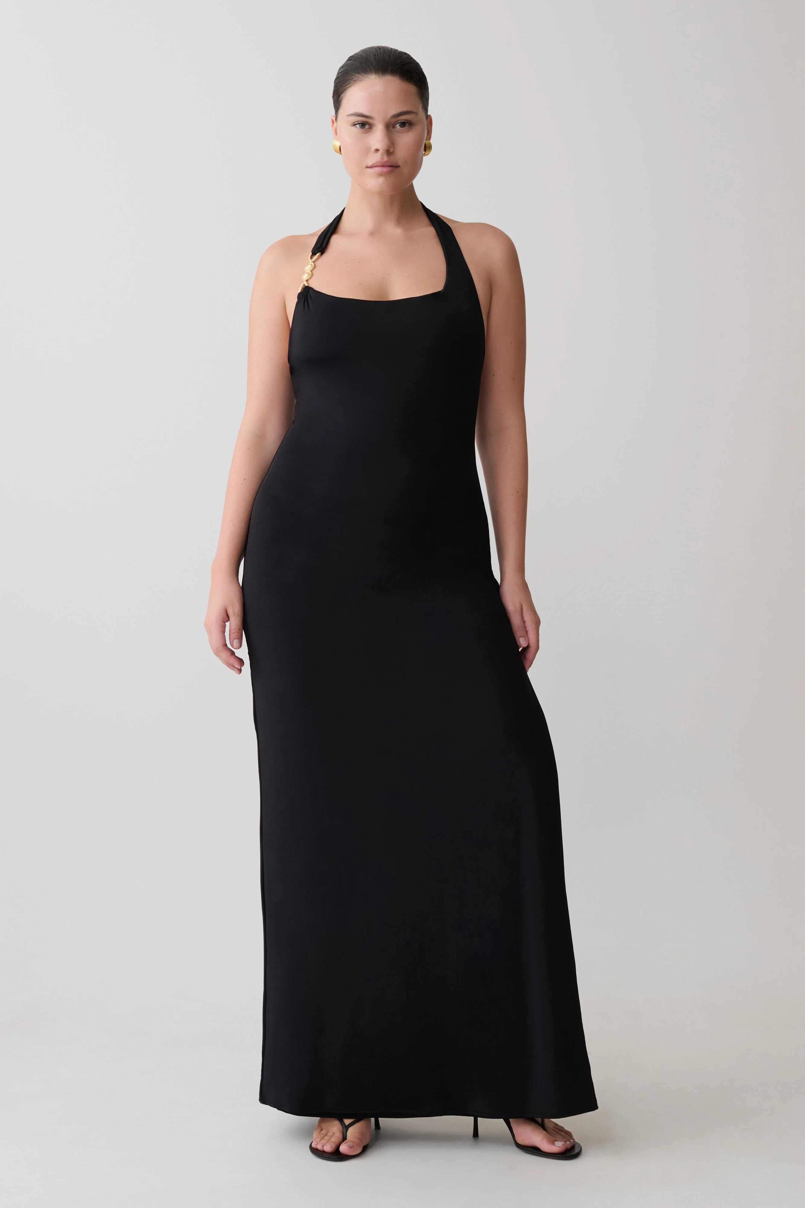 Khanh Slinky Halter Maxi Dress Black