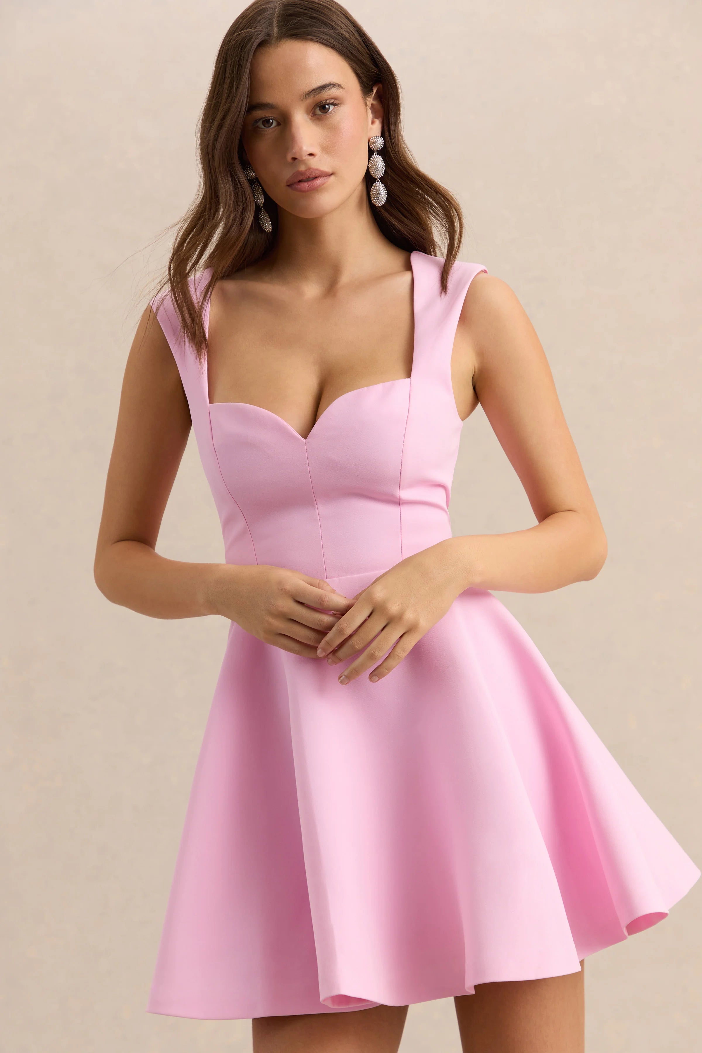 Katya Light Pink Sweetheart Neck Skater Mini Dress