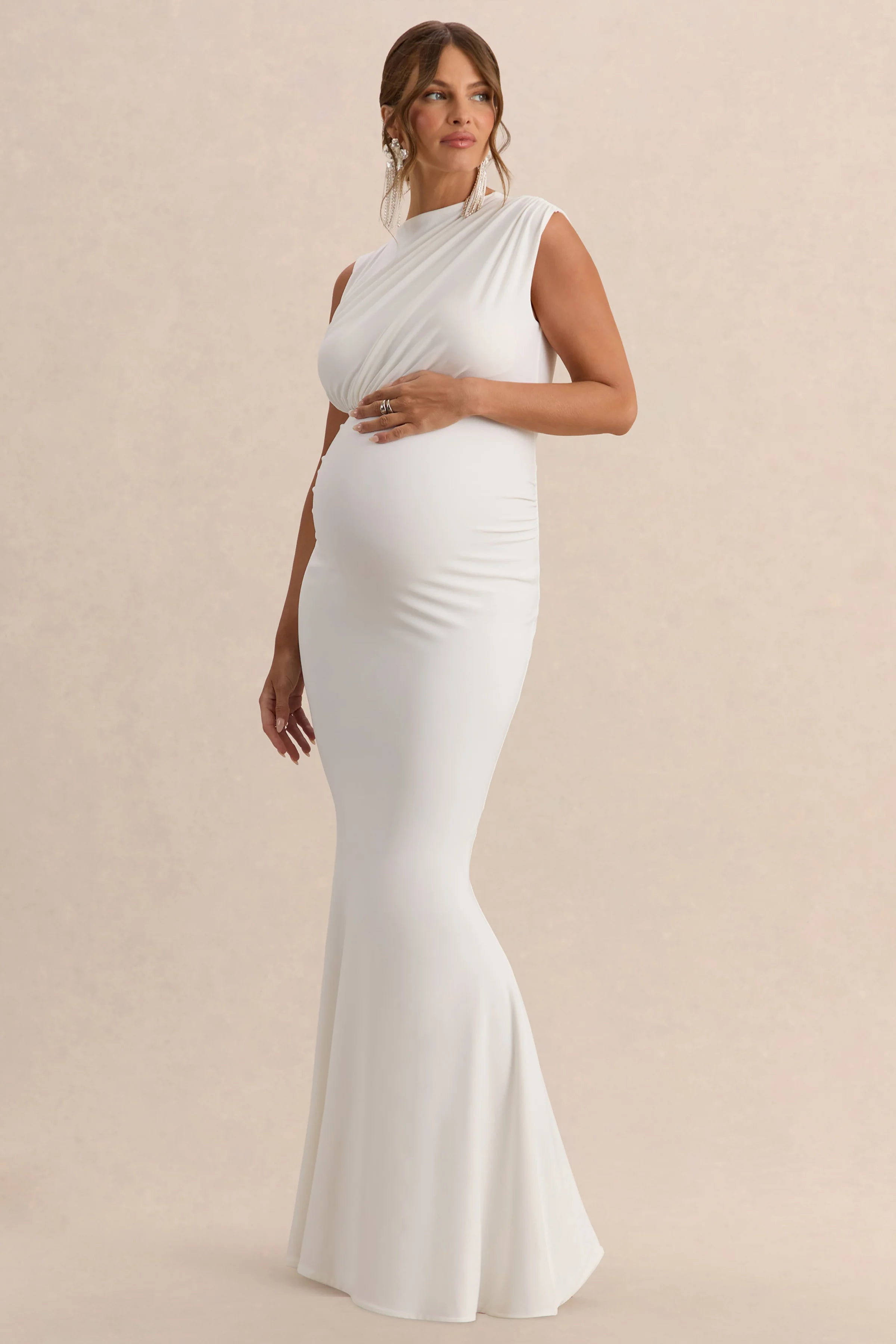 Osanna White Wide Neck Maternity Maxi Dress With Ruched Detailing