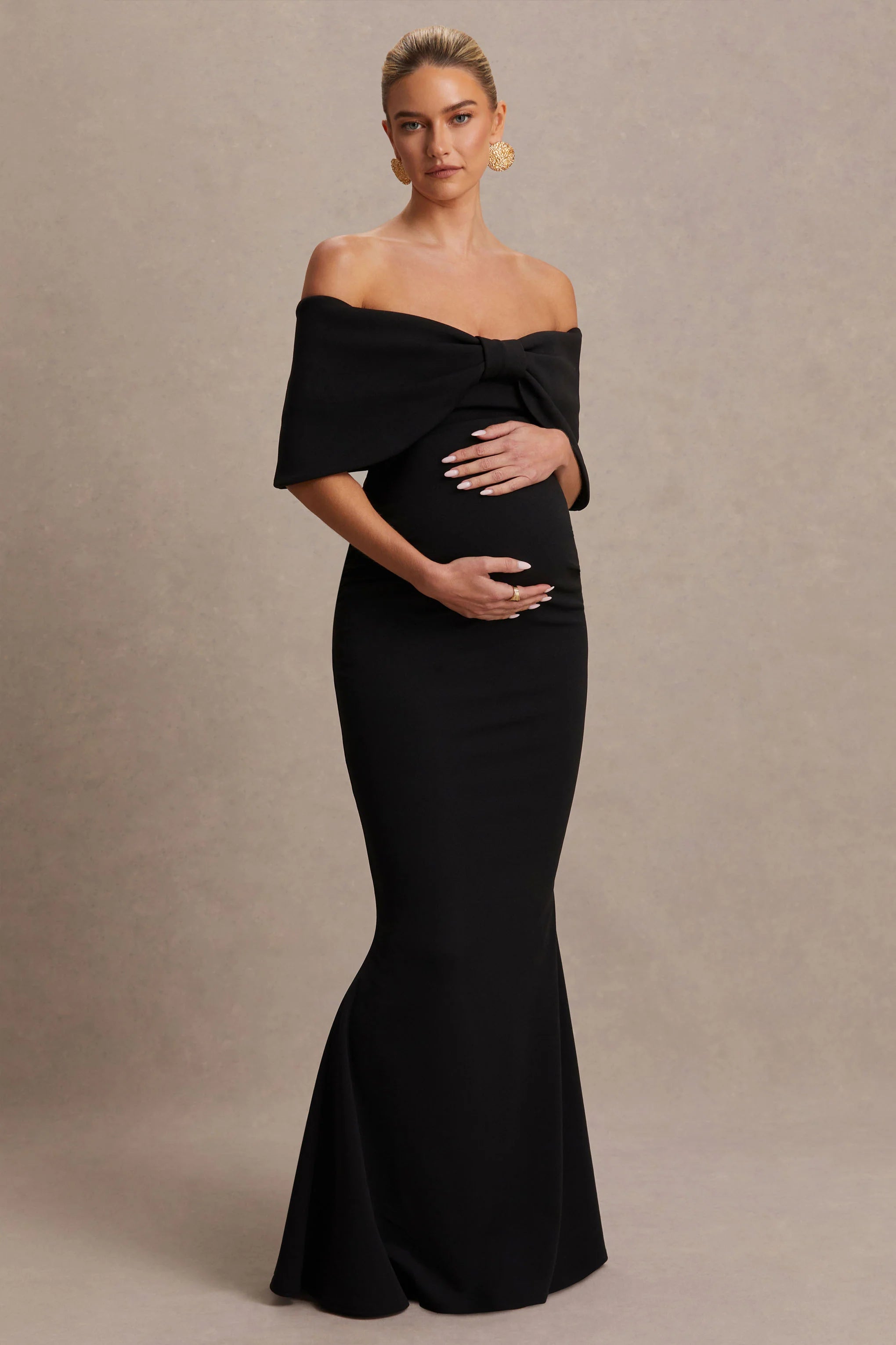 Libra Black Bow Bardot Maternity Maxi Dress