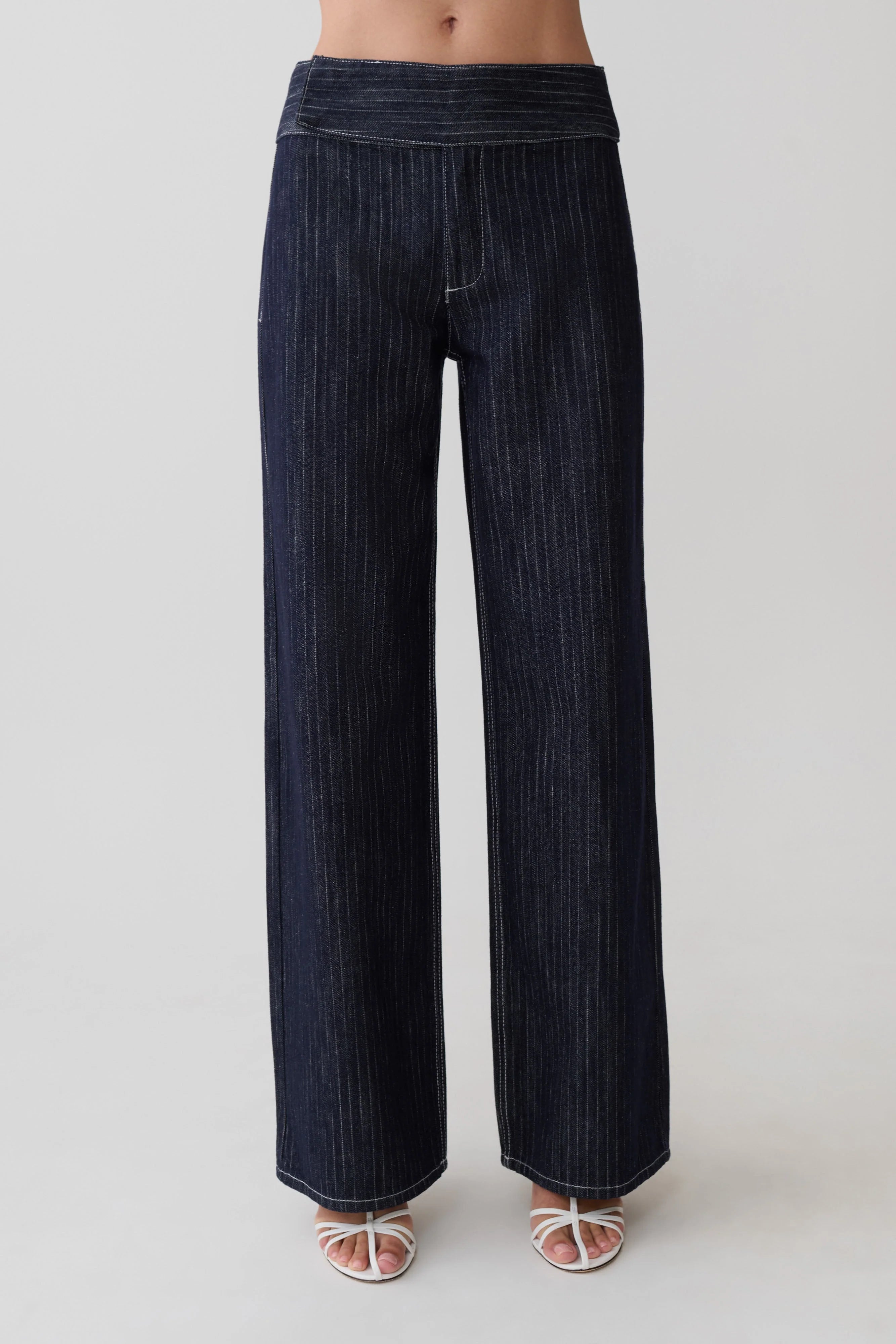 Sienna Flare Mid Rise Denim Jeans Indigo Pinstripe