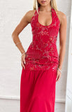 Aella Red Beaded Halter Maxi Dress