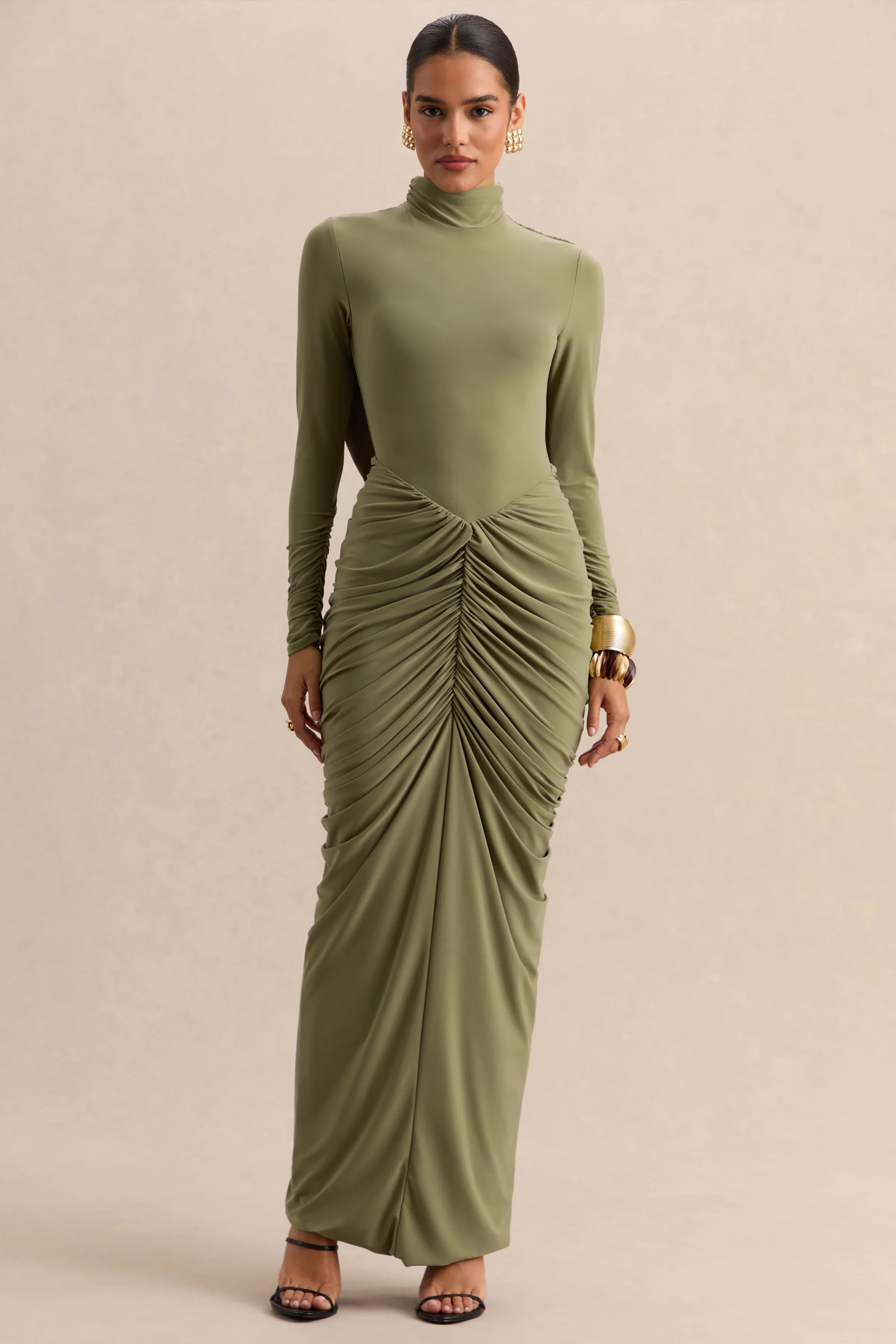 Harmona Olive High Neck Maxi Dress With Gathered And Draped Detailing