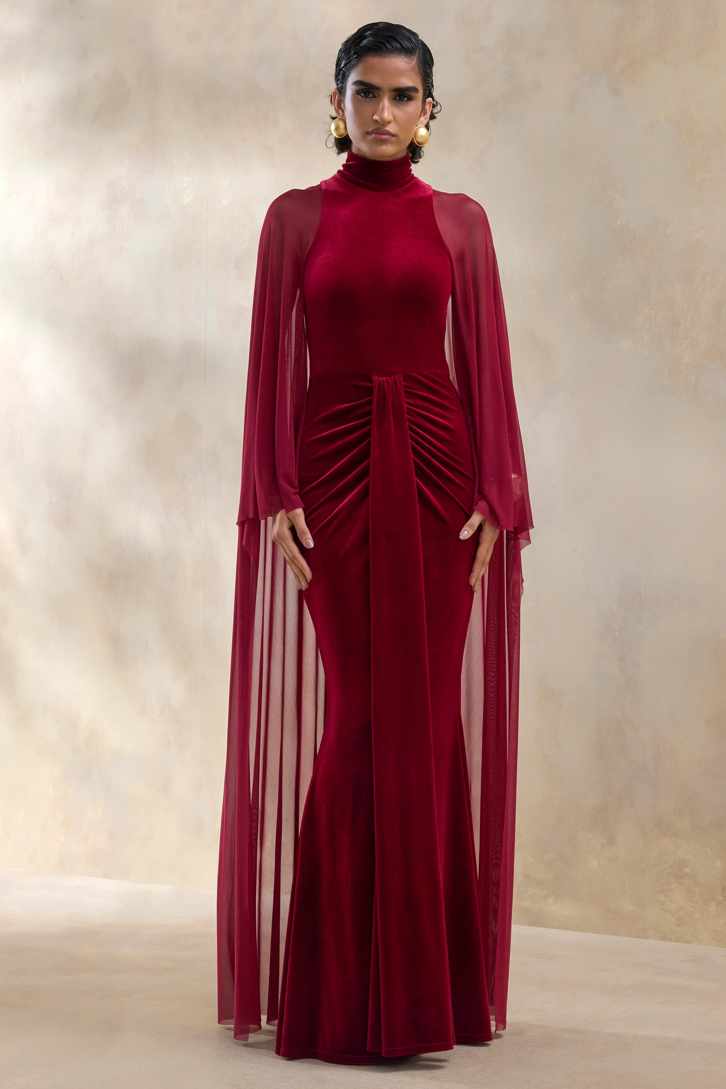 Adoring Burgundy Velvet High Neck Maxi Dress With Cape