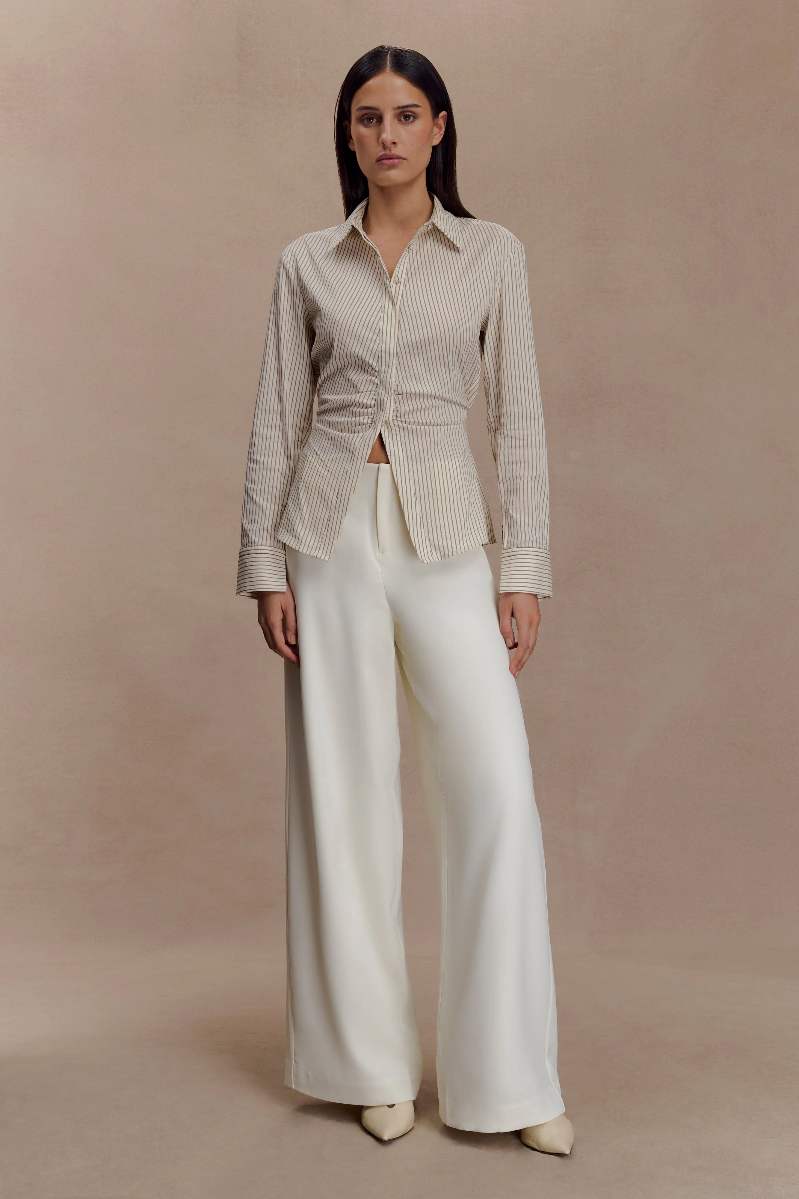 Millie Tie Back Cotton Shirt Beige Pinstripe