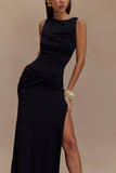Henley Slinky Drape Maxi Dress Black