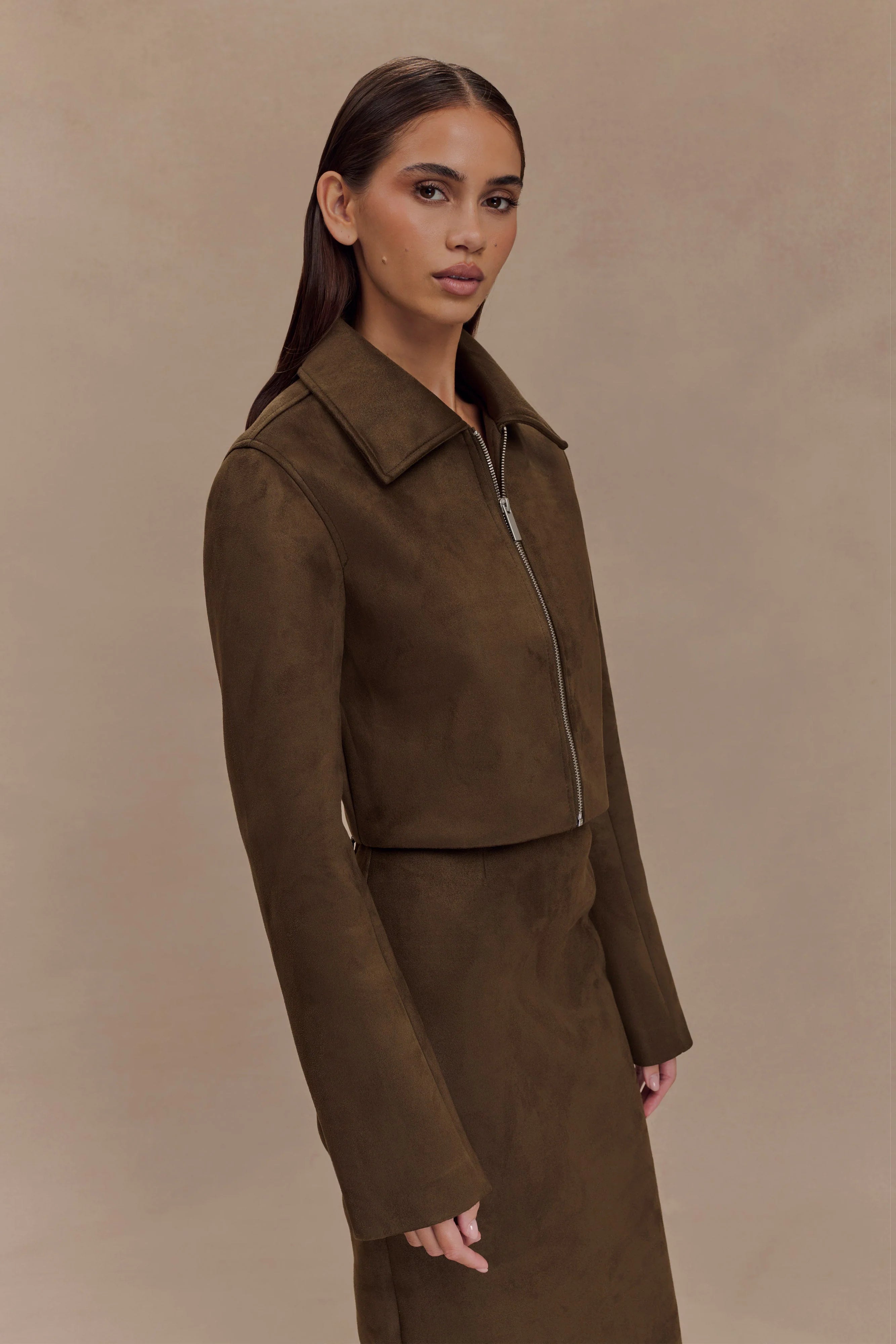 Hayes Faux Suede Collared Jacket Chocolate