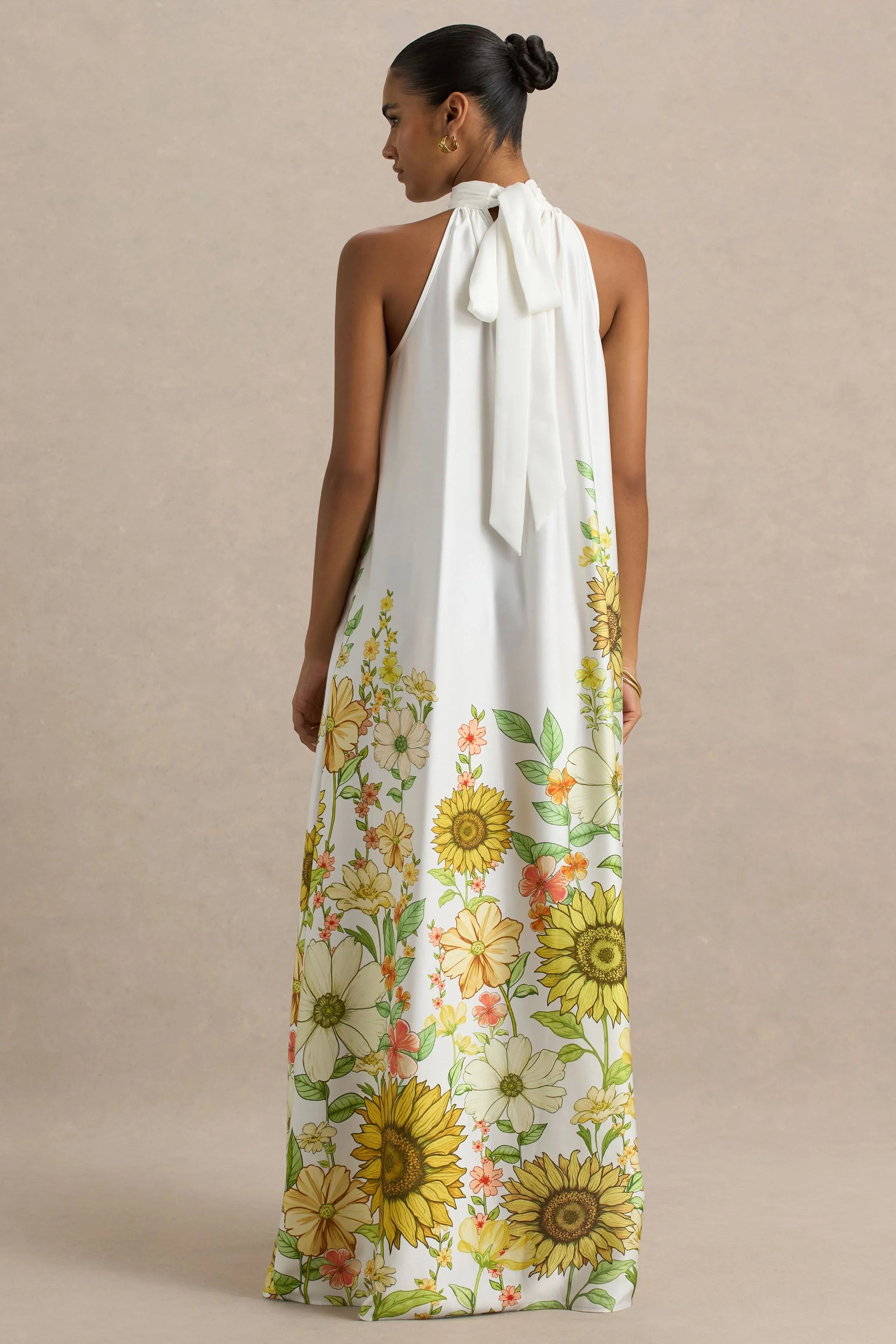 Glide Sunflower Print Satin High Neck Slip Maxi Dress