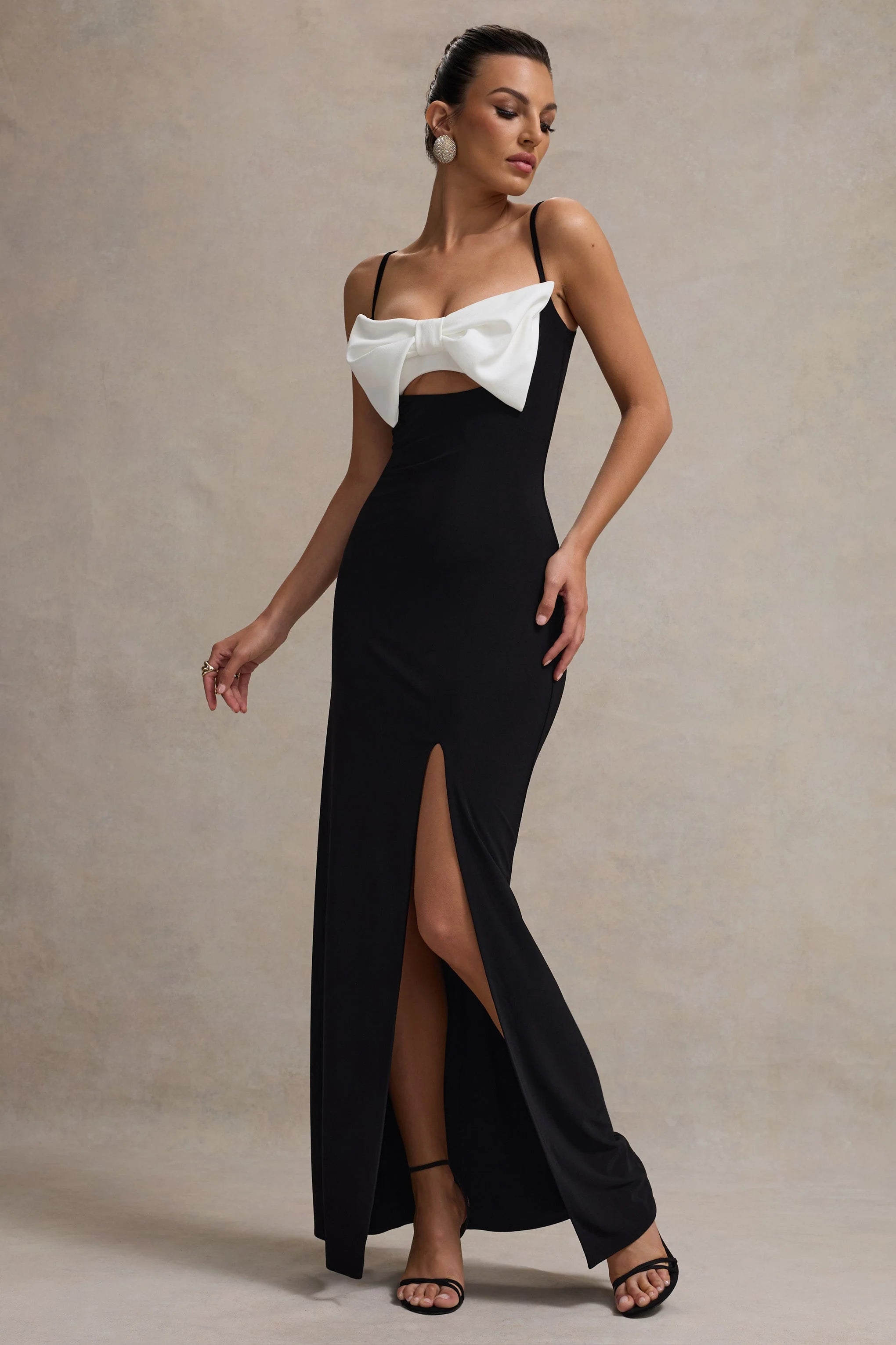 Emmalou Black White Strappy Split Maxi Dress With Bow