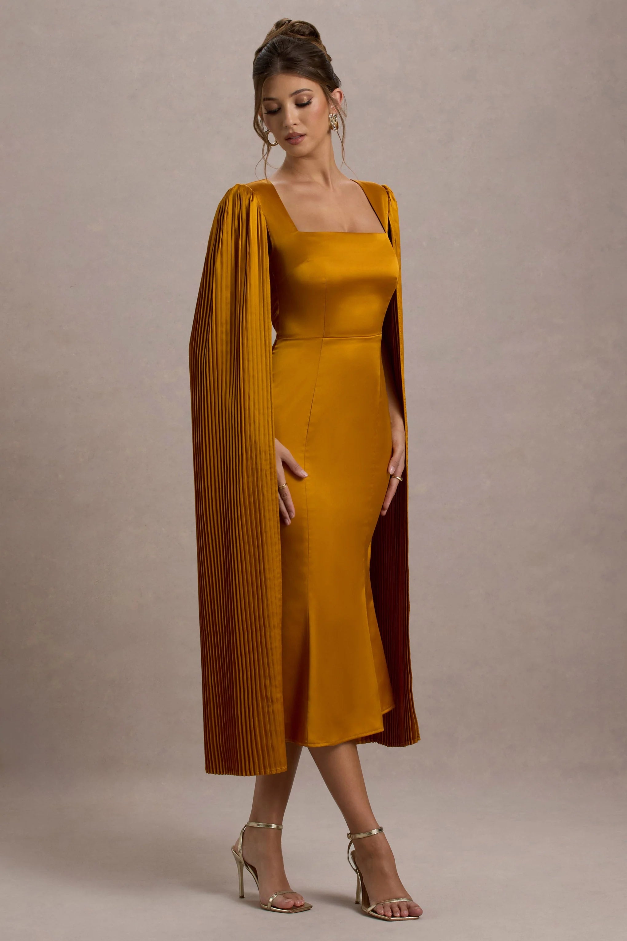 Nalda Mustard Square Neck Midi Dress With Cape Sleeves