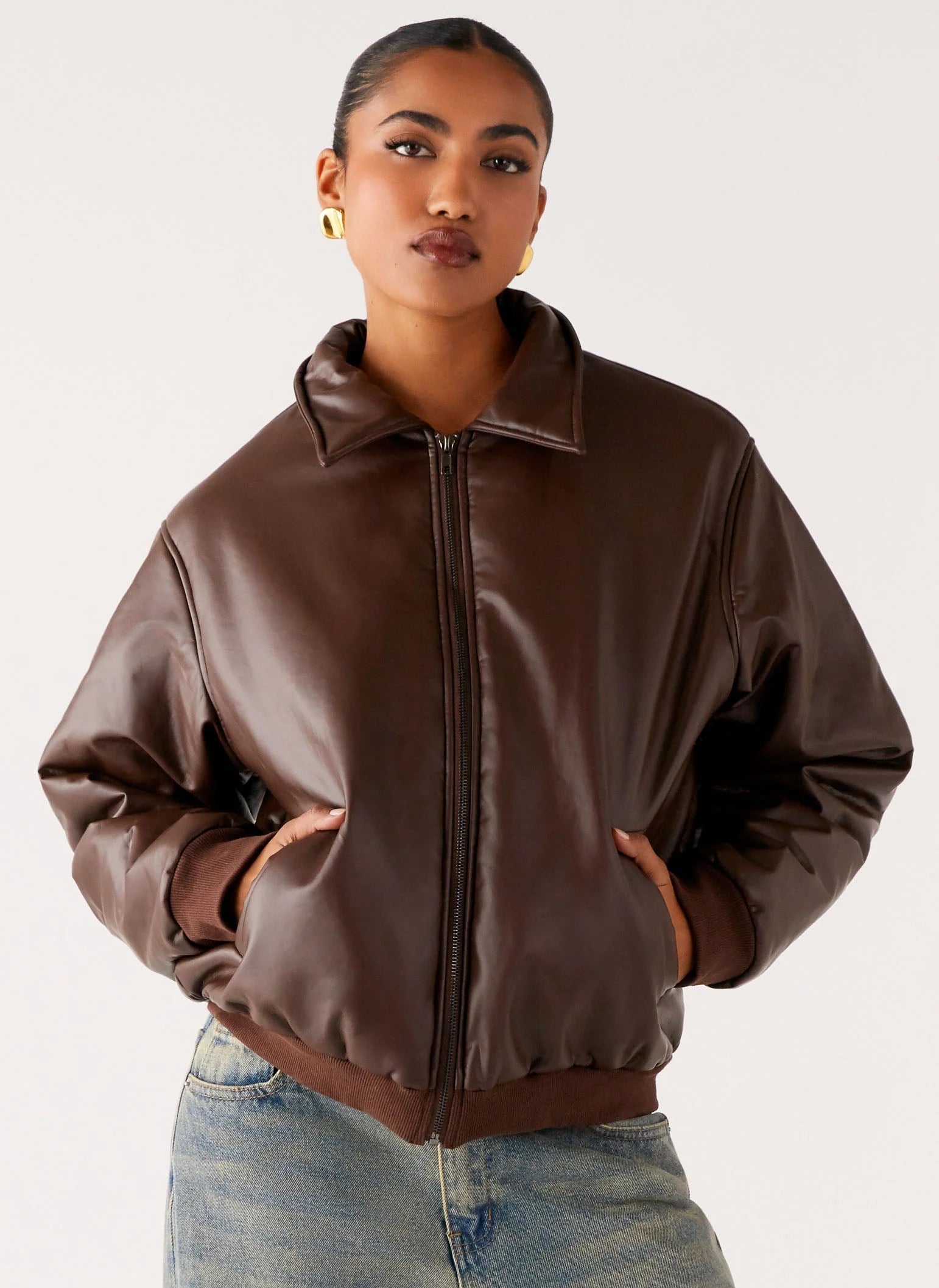 Outlands Faux Leather Bomber Jacket Chocolate