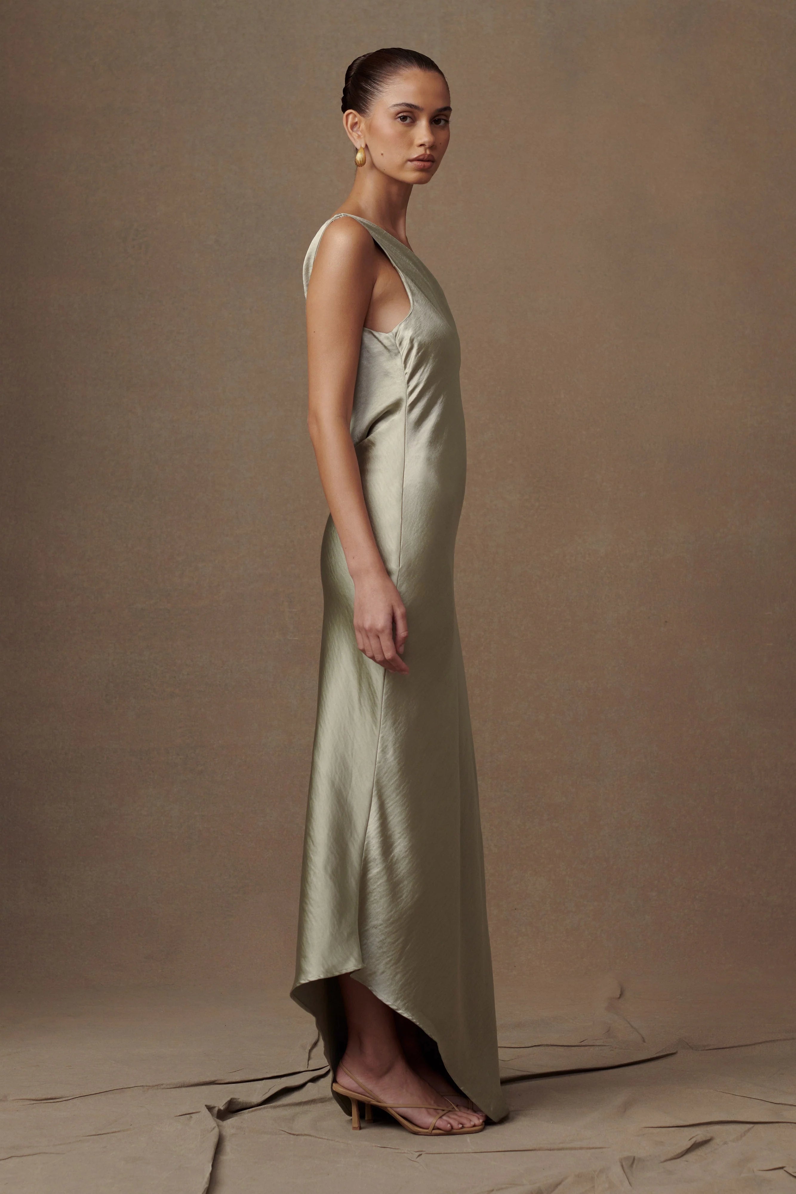 Yvette Slip Maxi Dress With Asymmetrical Hem Sage