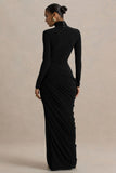 Betsy Black High Neck Maxi Dress With Front Split And Ruched Detailing