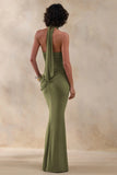 Polina Olive High Neck Maxi Dress With Drape And Gold Detail