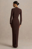 Zadie Brown High Neck Maxi Dress With Gathered Detail