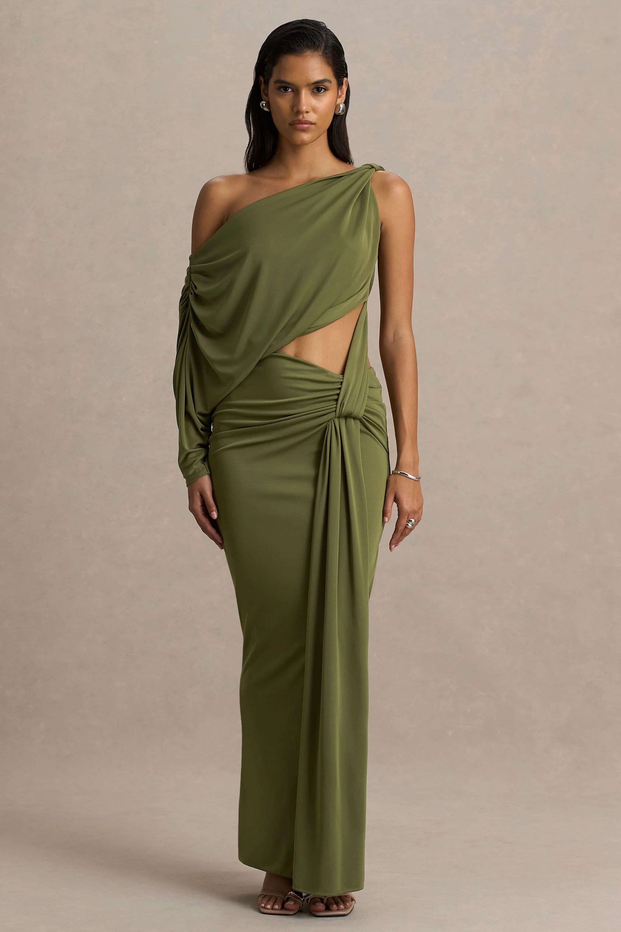 Layla Olive Asymmetric Neck Wrap Maxi Dress With Body Cut Out And Ruched Detailing