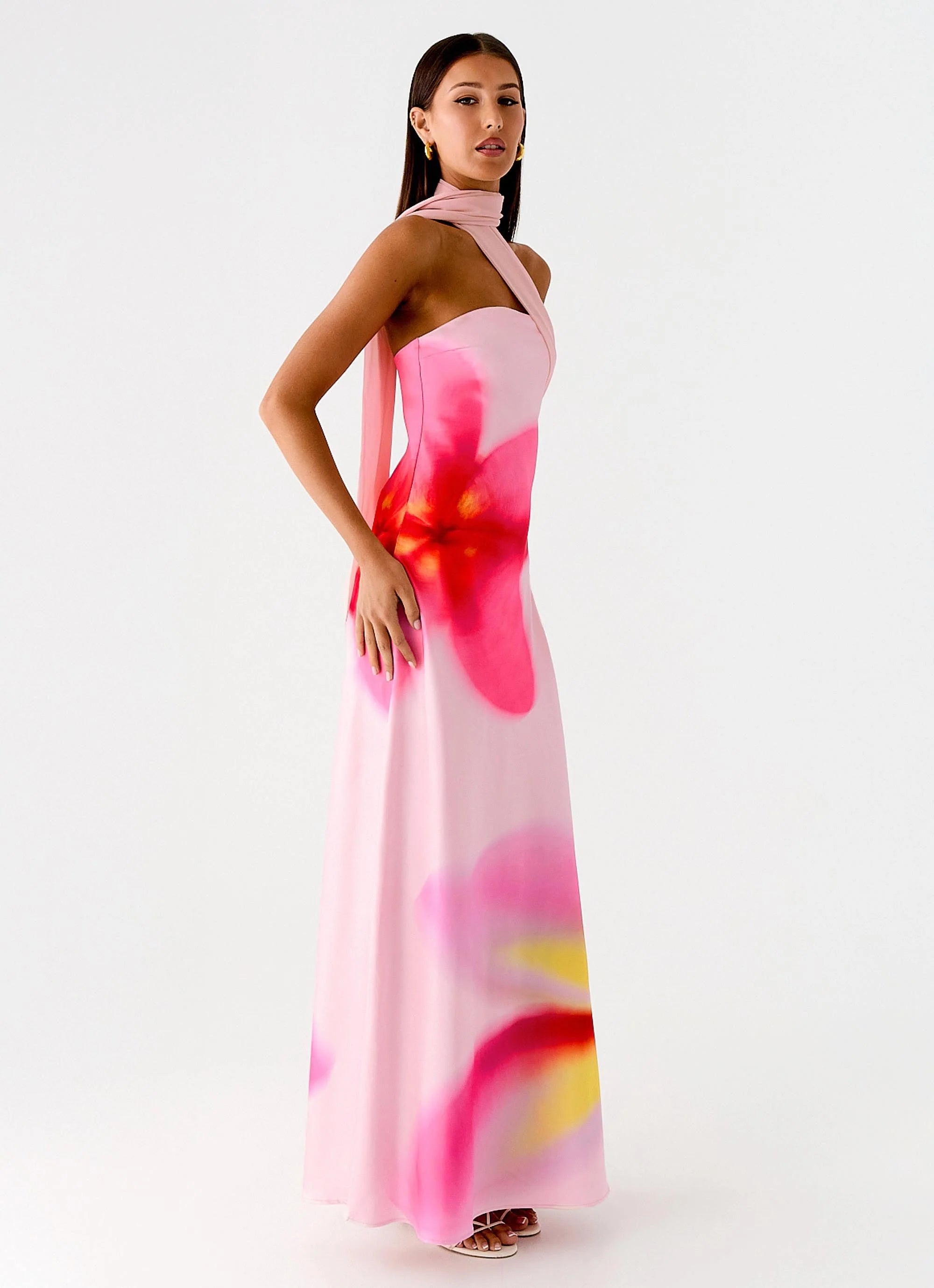 Isa Scarf Satin Maxi Dress Frangipani Pink