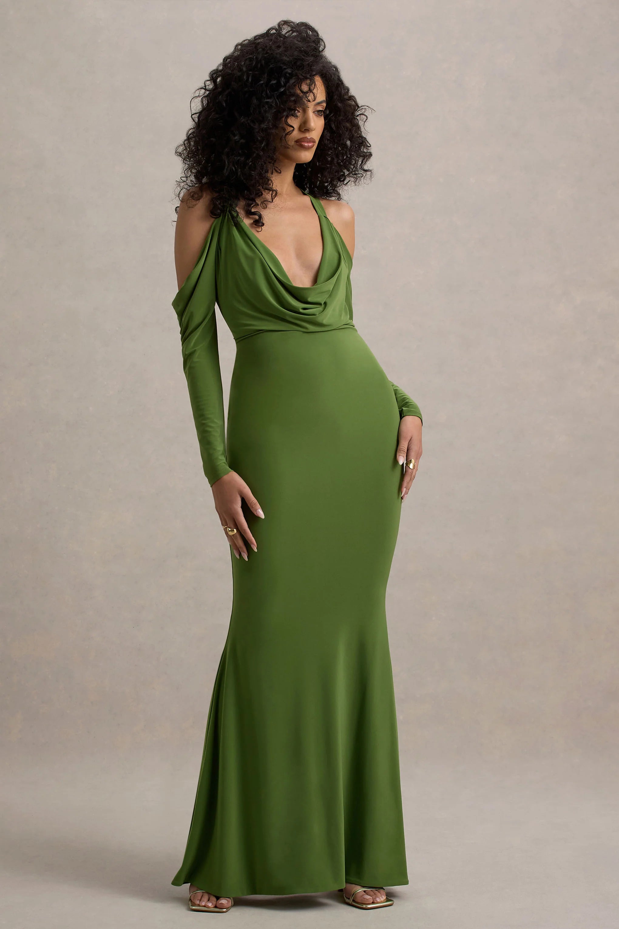 Hurghada Green Plunge Neck Long Sleeve Maxi Dress