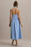 Samsara Light Blue Plunge Neck Collared Midi Dress