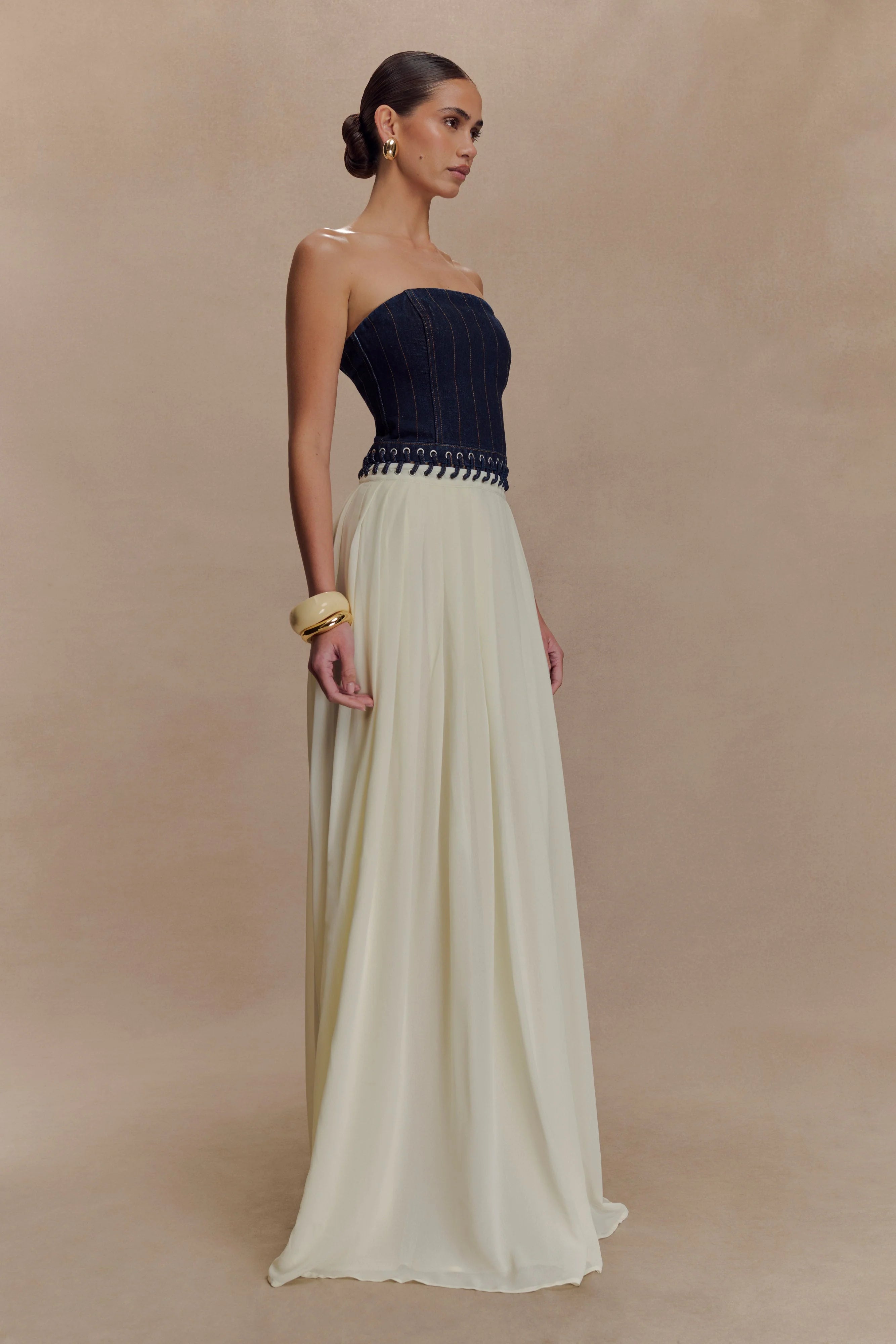 Suella Chiffon Denim Maxi Dress Indigo Blue