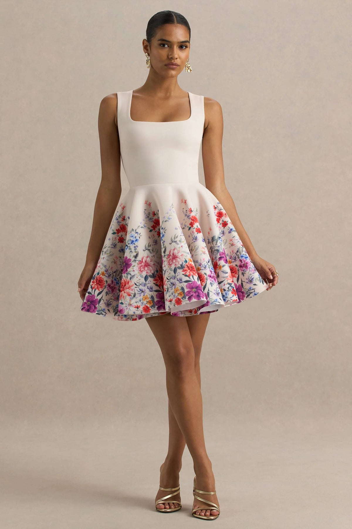 Gemstone Light Pink Floral Print Square Neck Skater Mini Dress