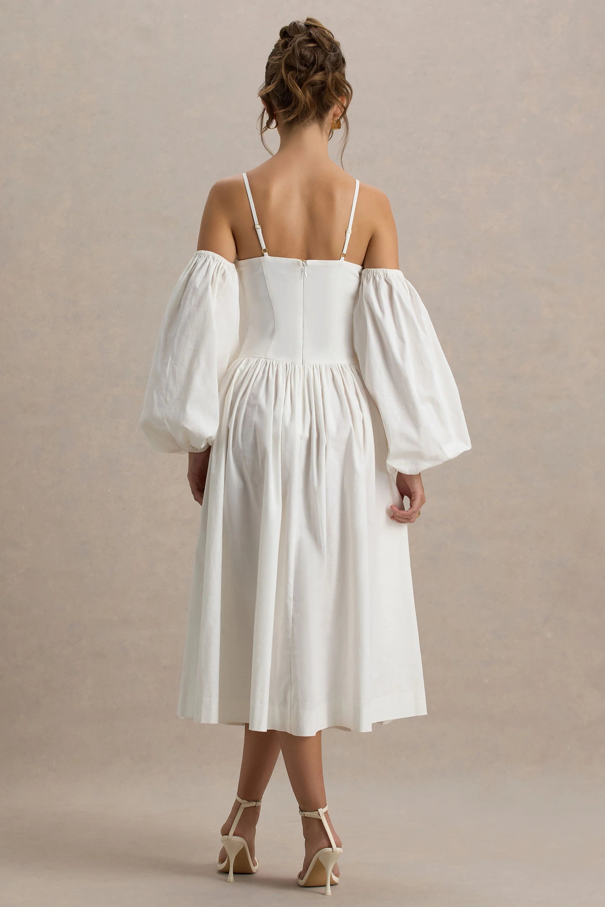 Macie Cream Sweetheart Midi Dress With Balloon Sleeves