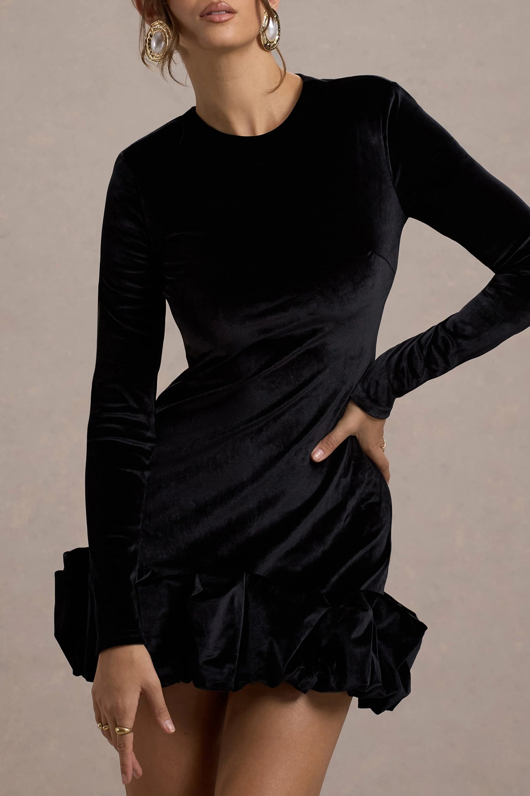 Claudine Black Velvet Long Sleeved Ruffled Mini Dress