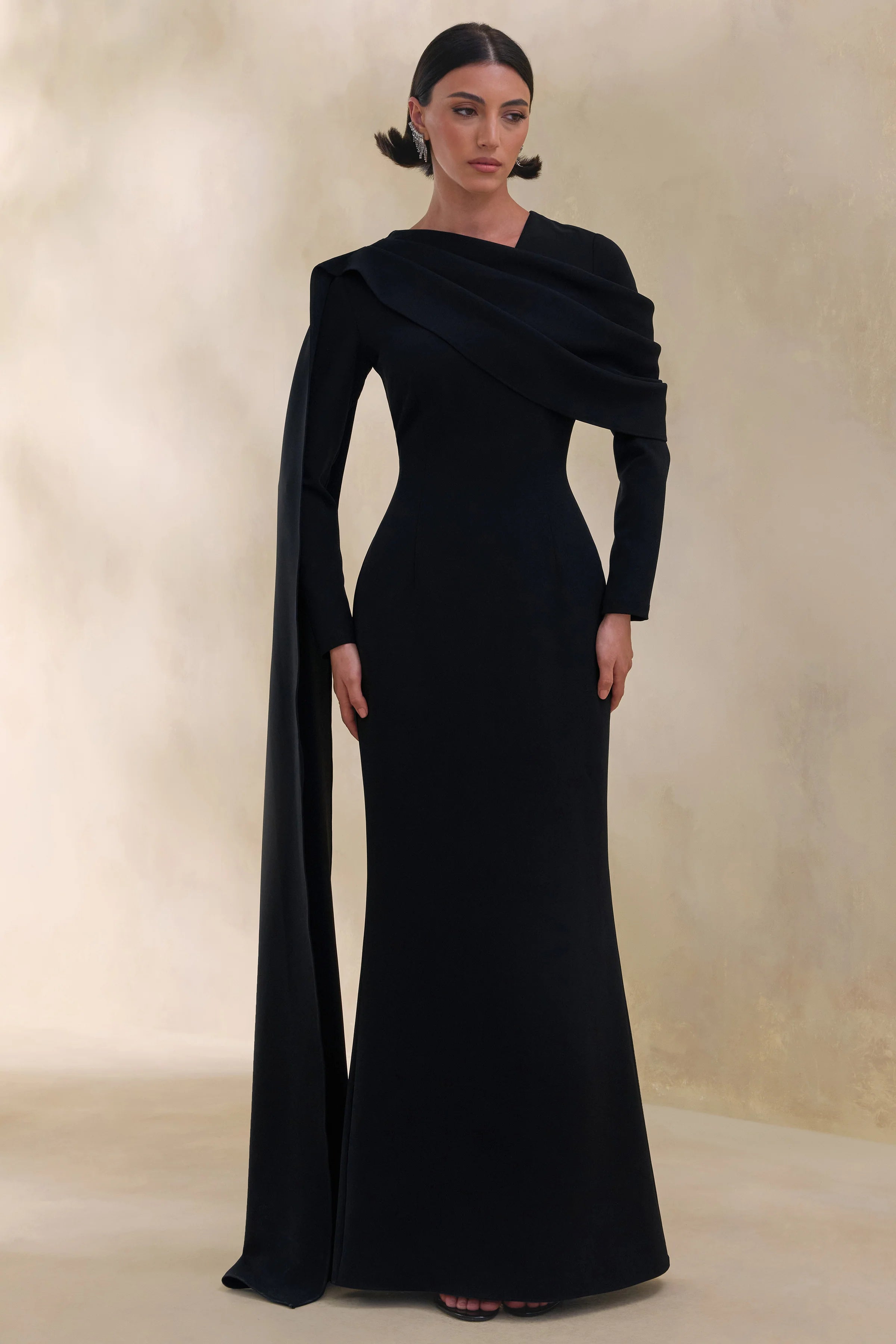 Heliora Black V Neck Maxi Dress With Sash And Draped Detail