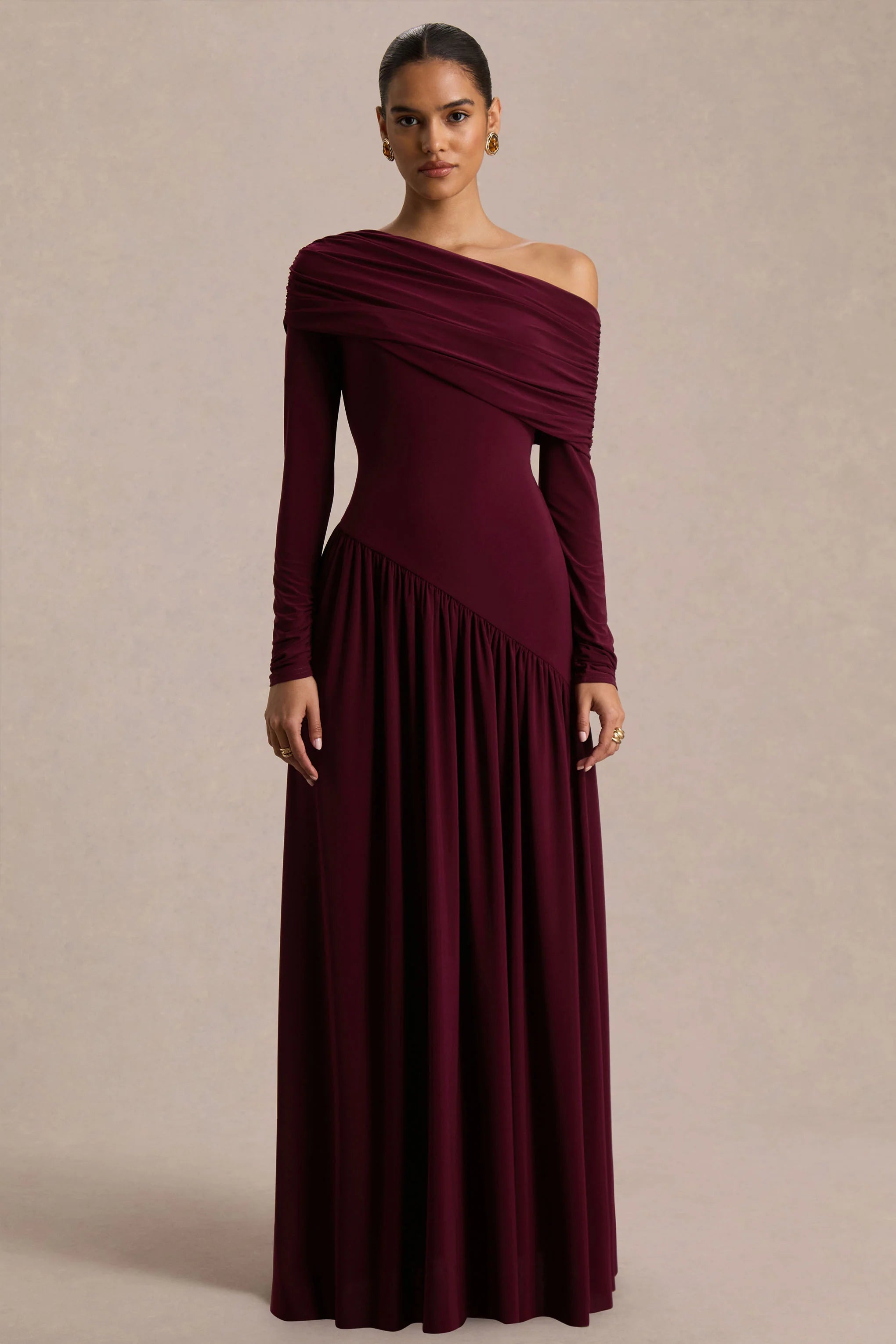 Farah Burgundy Asymmetric Neck Maxi Dress With Drop Waist And Ruched Detailing