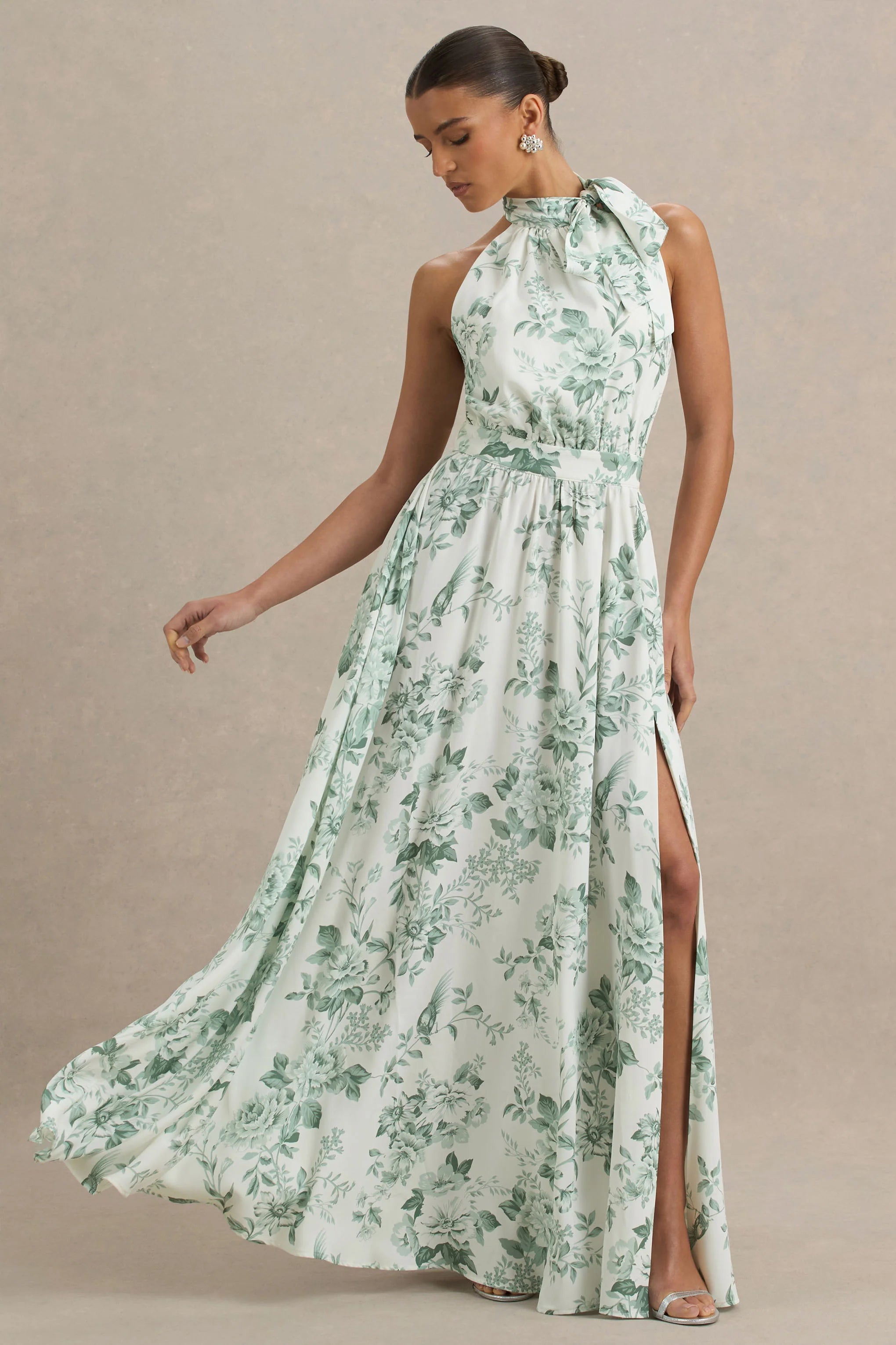 Talia Green Floral Print High Neck Maxi Dress With Front High Split