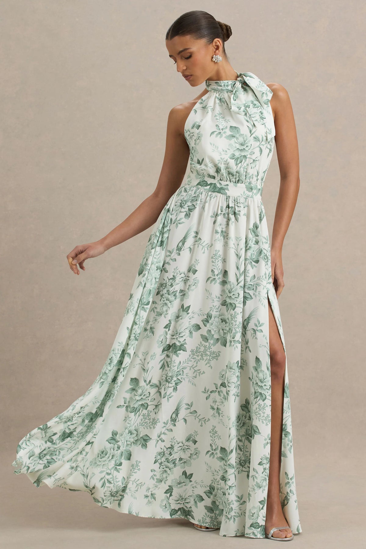 Talia Green Floral Print High Neck Maxi Dress With Front High Split