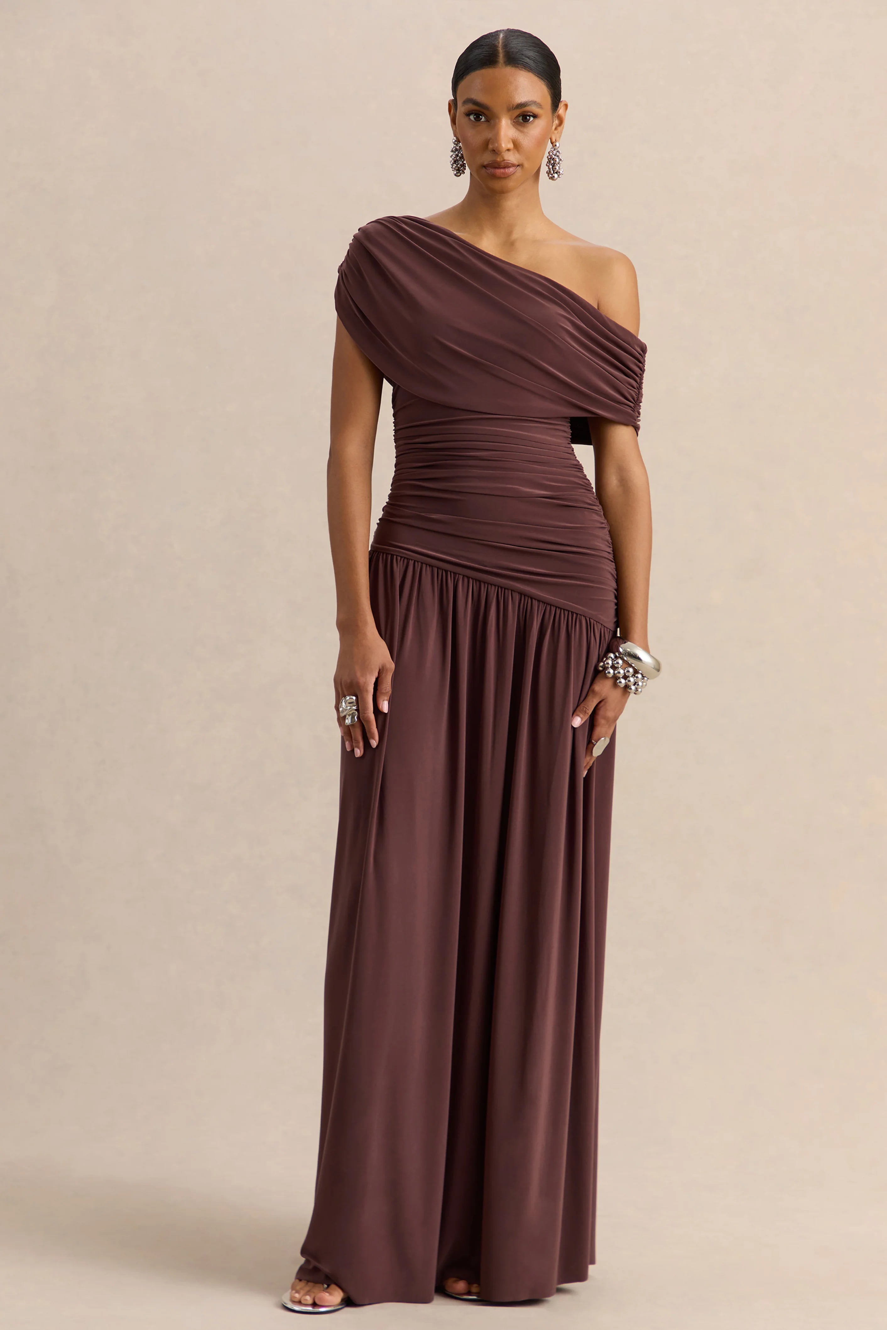 Emberly Brown Draped Asymmetric Neck Maxi Dress With Drop Waist