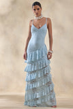 Avelisse Blue Lace Plunge Neck Maxi Dress With Ruffled Detailing