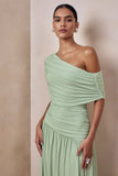 Emberly Green Draped Asymmetric Neck Maxi Dress With Drop Waist