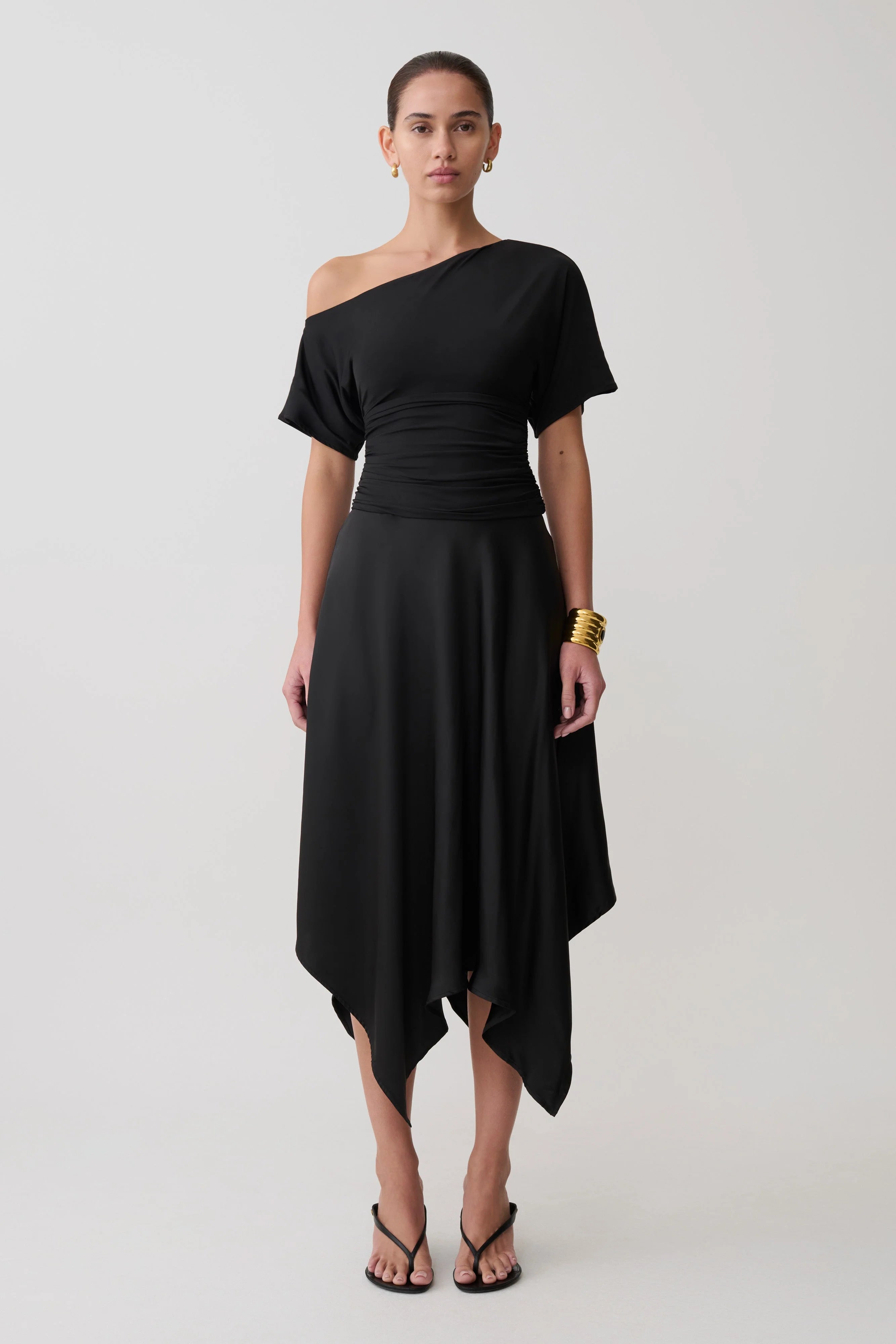 Coralie Asymmetric Satin Midi Skirt Black