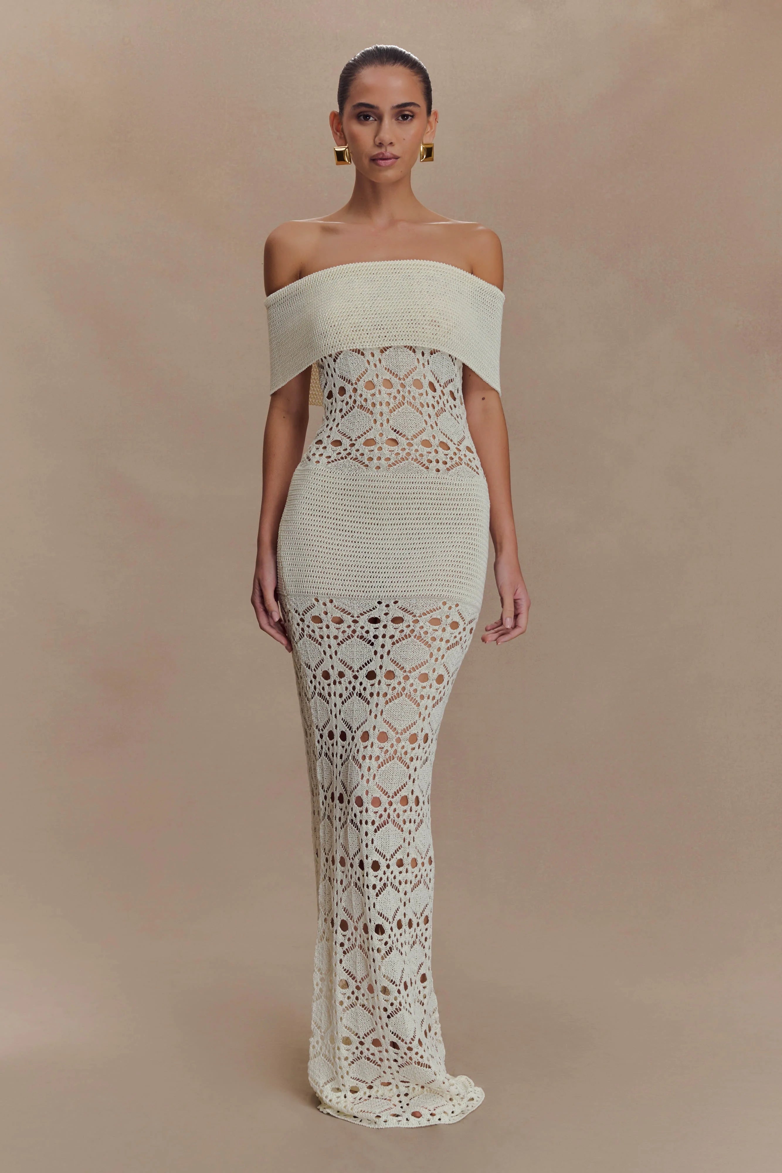 Solstice Off Shoulder Crochet Knit Maxi Dress Ivory
