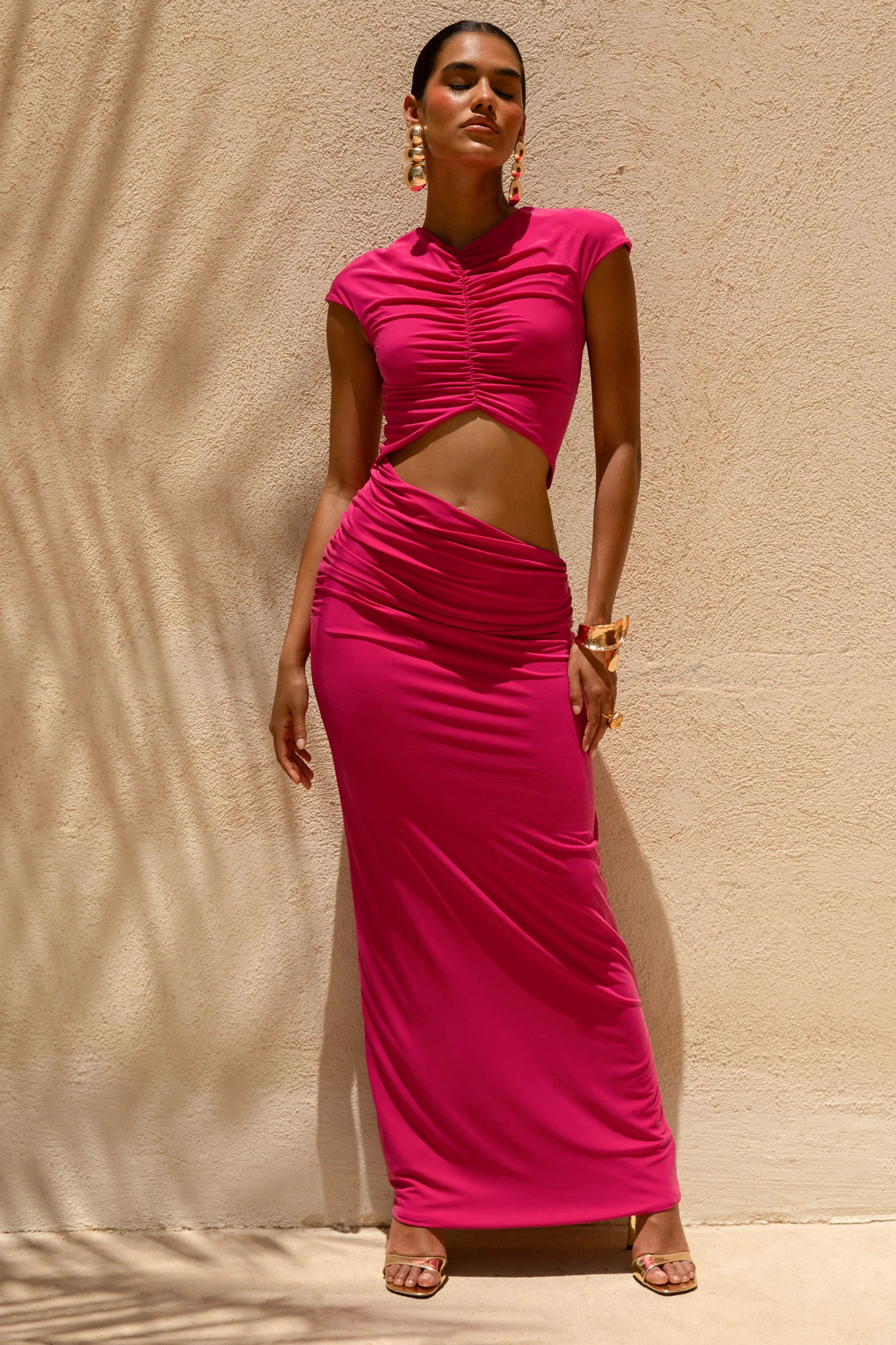 Pia Hot Pink Short Sleeve Maxi Dress With Cut Out