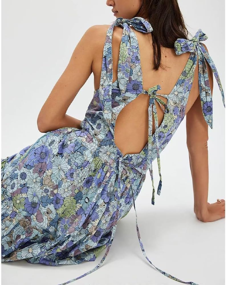 Women Floral Maxi Dress Tie Shoulder Cutout Backless Boho Smocked Flowy Dresses Summer Fall Sundress