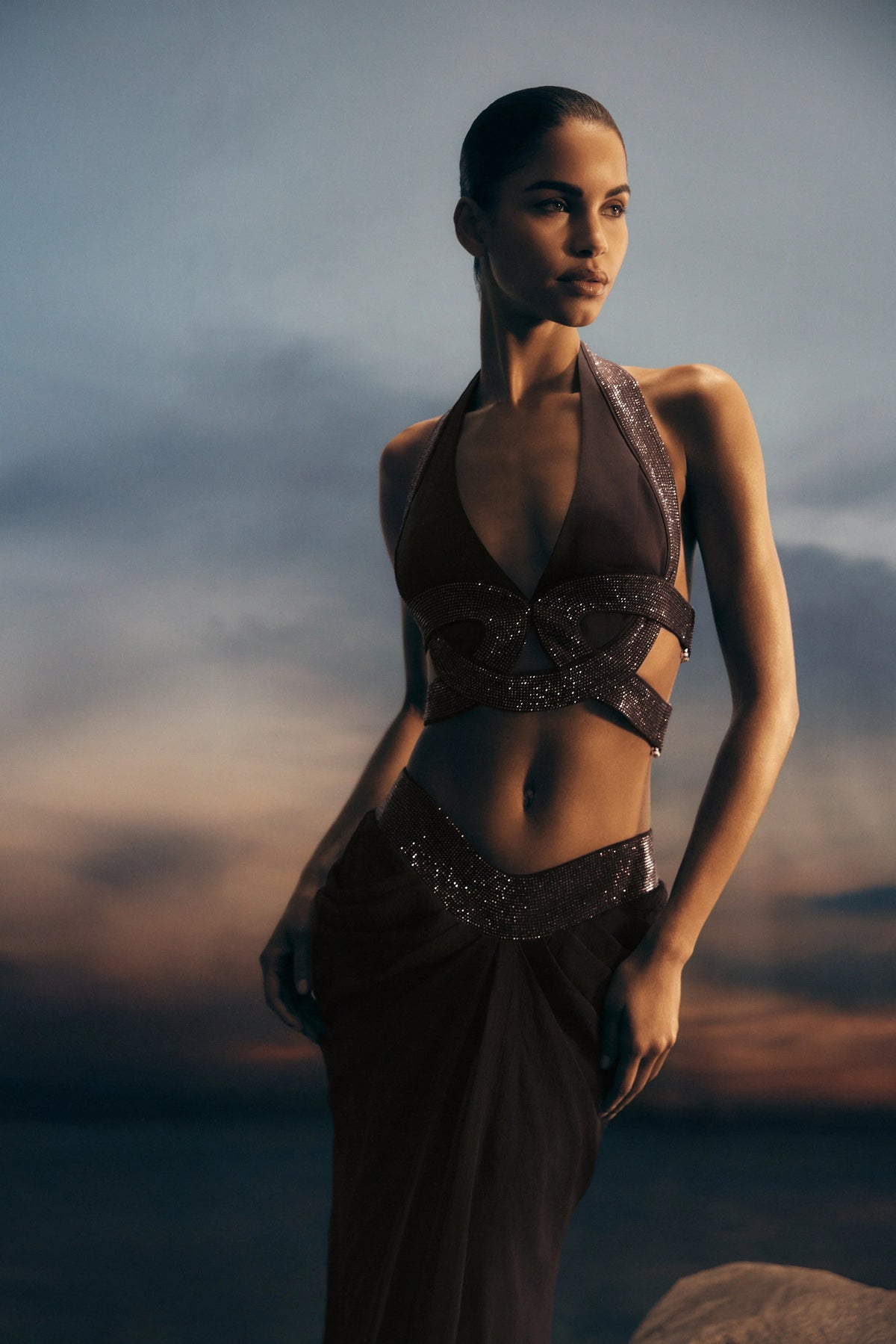 Siren Satin And Diamante Halter Top Dark Chocolate