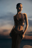 Siren Satin And Diamante Halter Top Dark Chocolate