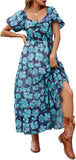 Women Floral Maxi Dress Short Puff Sleeve V Neck Bohemian Flowy Dress Smocked Casual Spring Summer Dresses