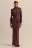 Karinthia Brown High Neck Maxi Dress With Draped Detailing