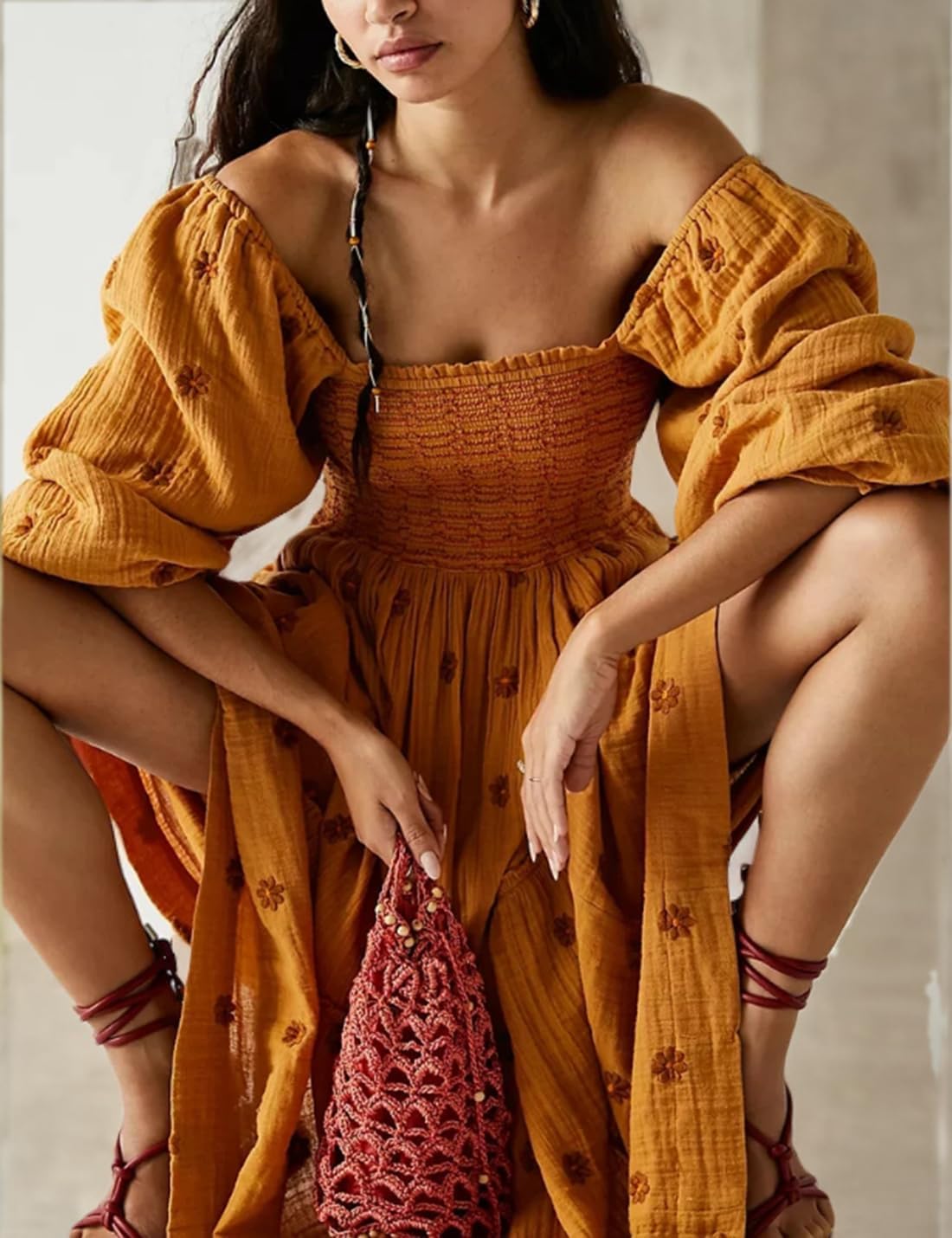 Women Floral Embroidered Maxi Dress Long Puff Sleeve Square Neck Bohemian Flowy Dress with Pockets Summer Fall