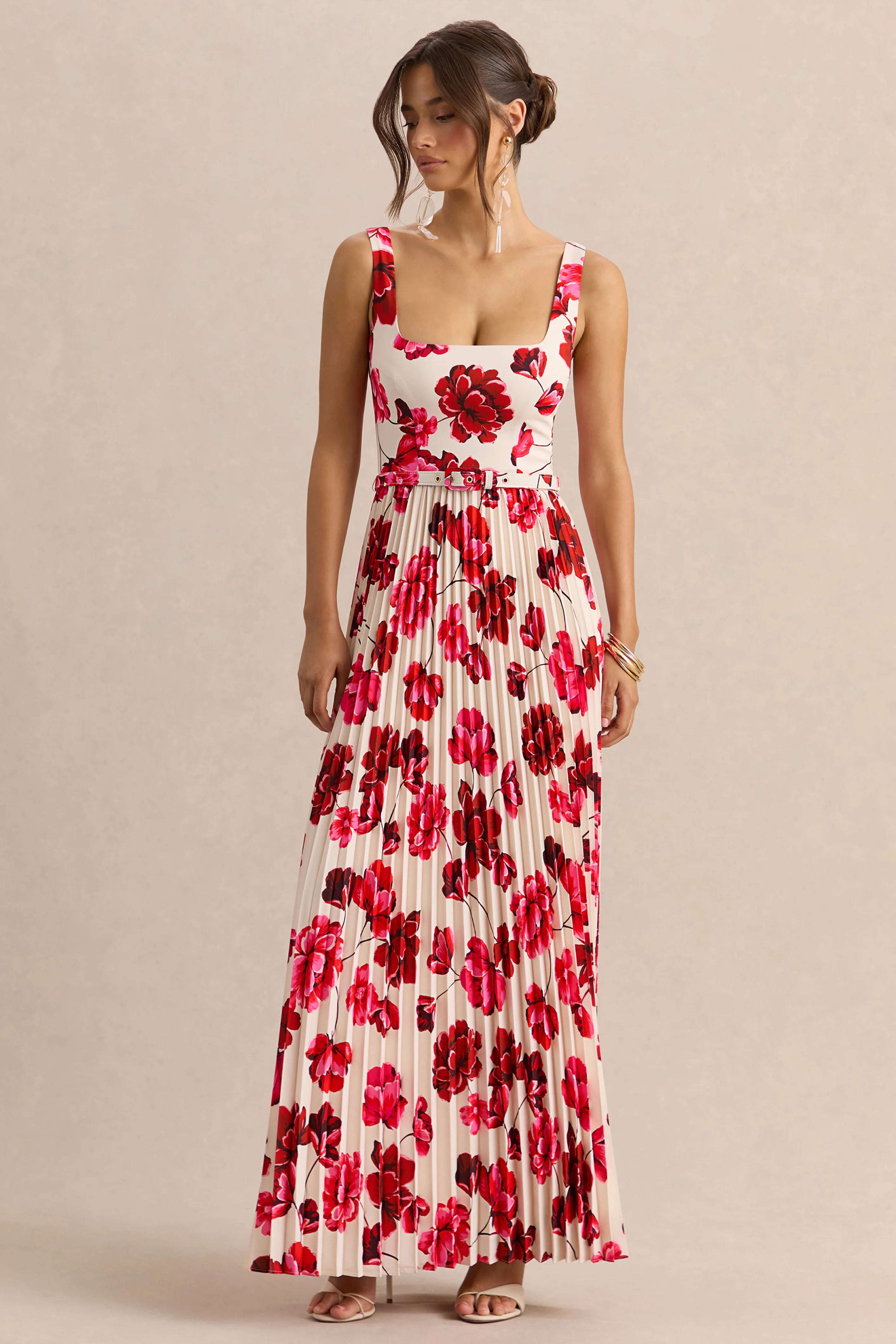 Danika Hot Pink Floral Print Square Neck Belted Maxi Dress With Pleated Skirt