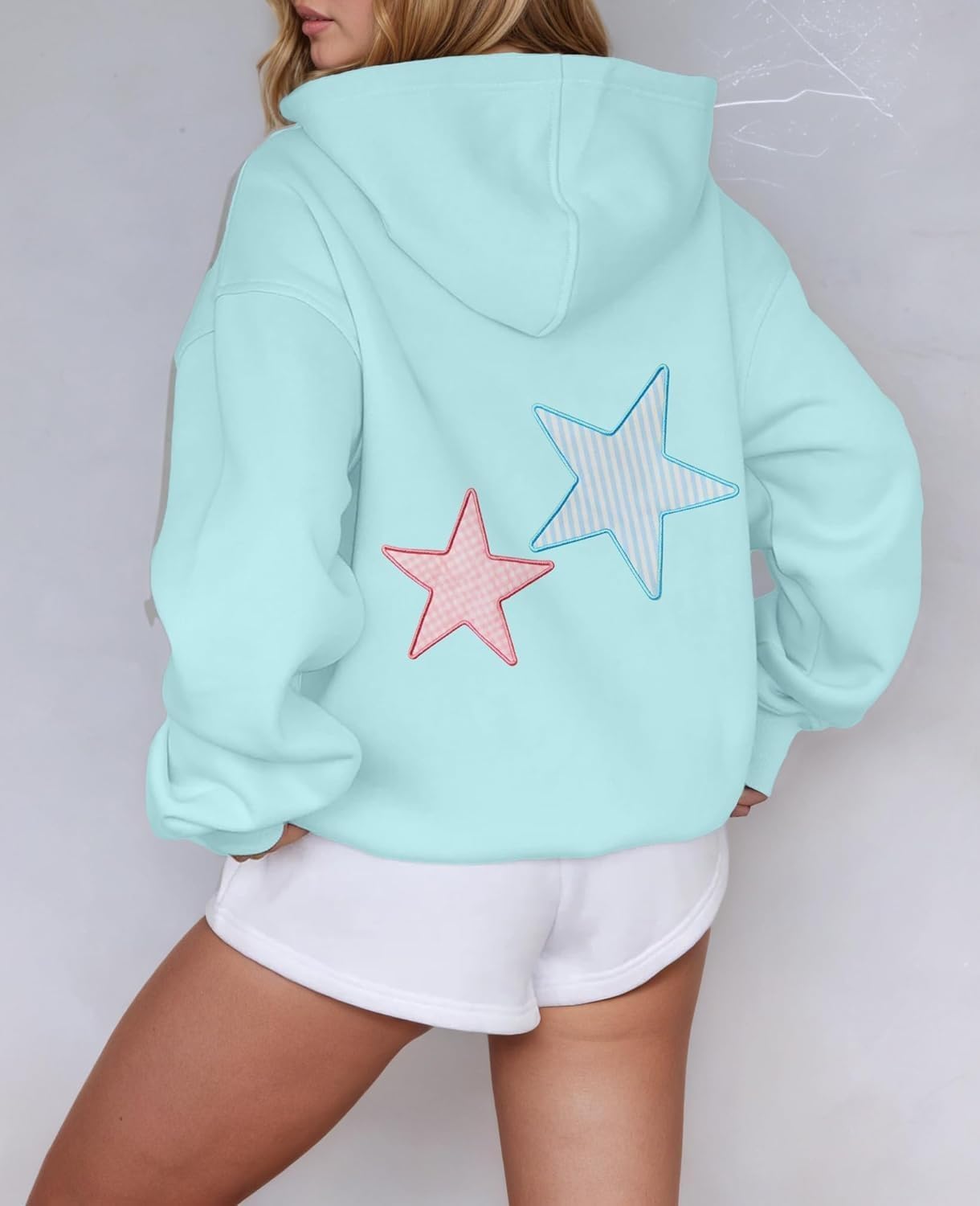 Women Cute Hoodies Oversized Y2k Star Patch Fleece Sweatshirt Pastel Hoodie for Teen Girls