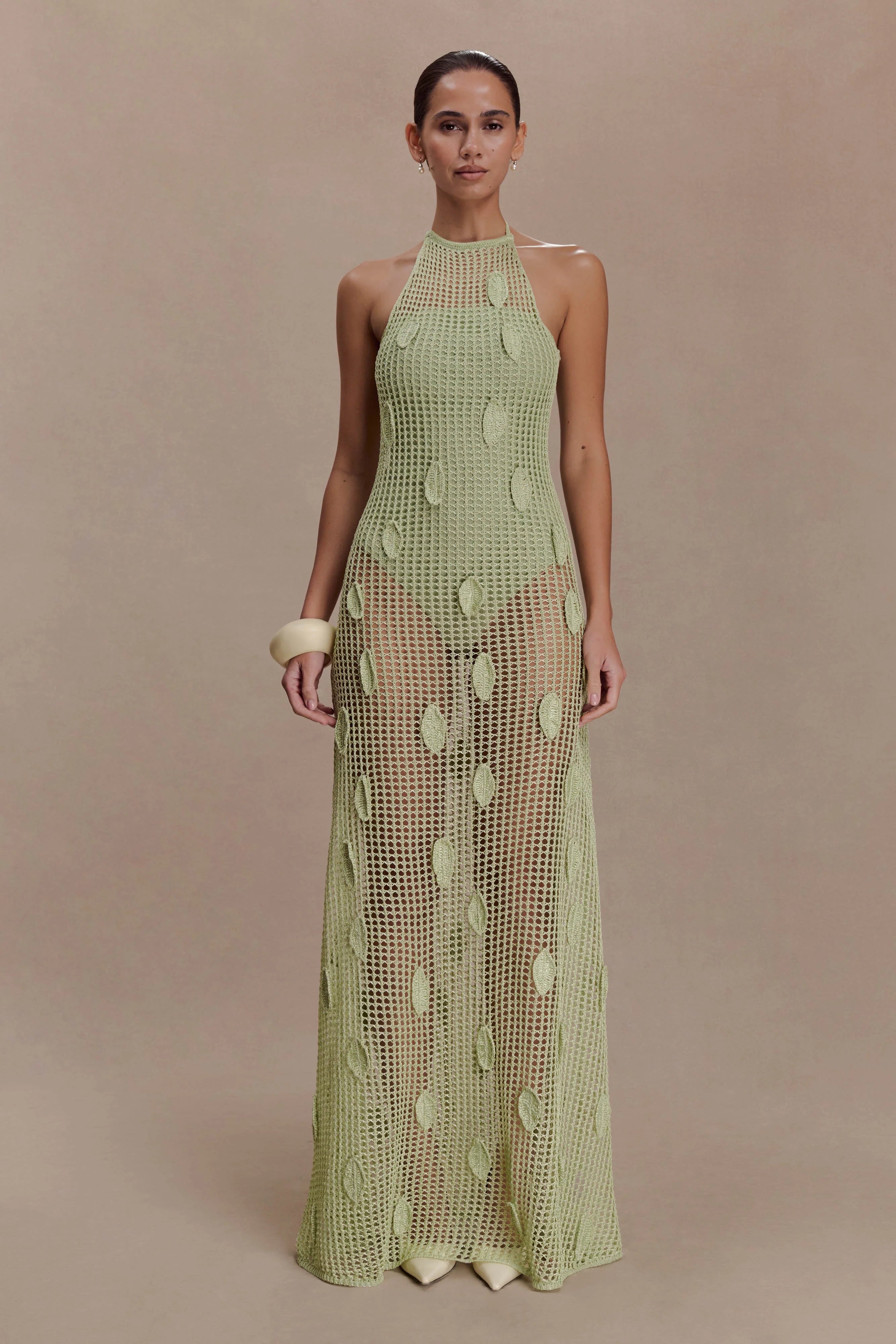 Elfie Crochet Halter Maxi Dress Pastel Green