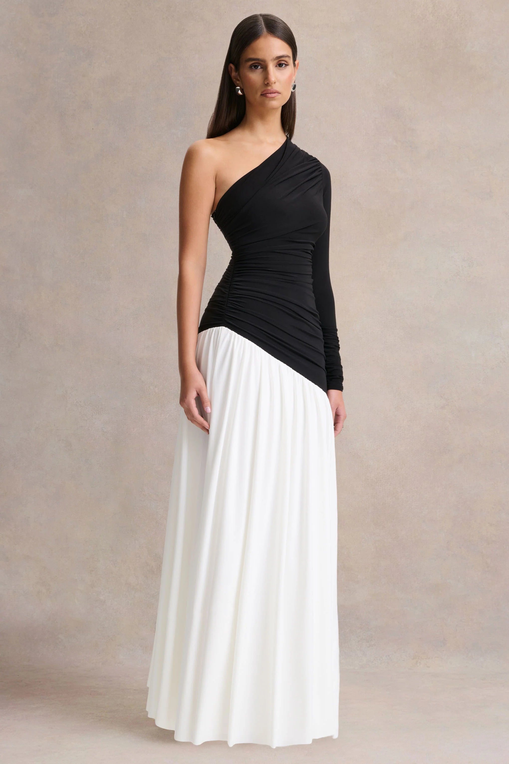 Danila Black And White Asymmetric Neck Maxi Dress With Drop Waist