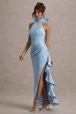 Maureen Powder Blue Satin High Neck Draped Maxi Dress