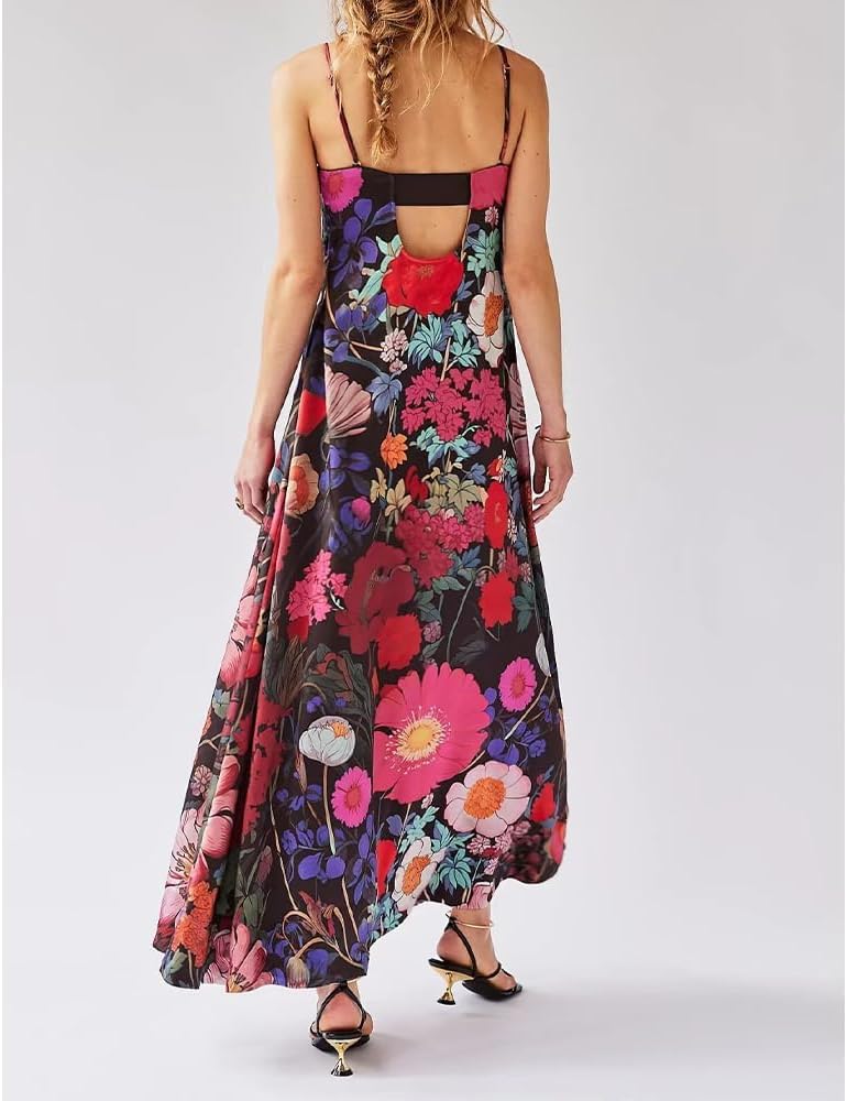 Women Boho Floral Maxi Dress Backless Spaghetti Strap A Line Flowy Summer Vacation Long Dress